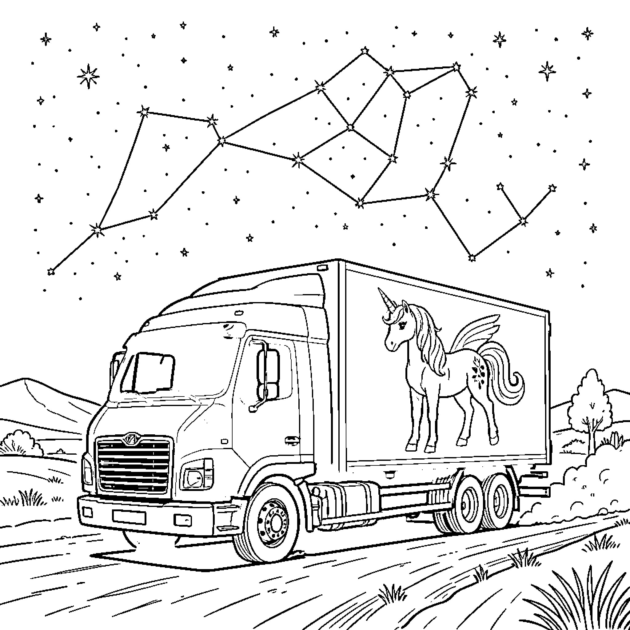 Unicorn riding on the night sky transport truck Coloring Page (free black-and-white line drawing printable PDF for all, from beginners to advanced learners, including children, teens, adults, and seniors)