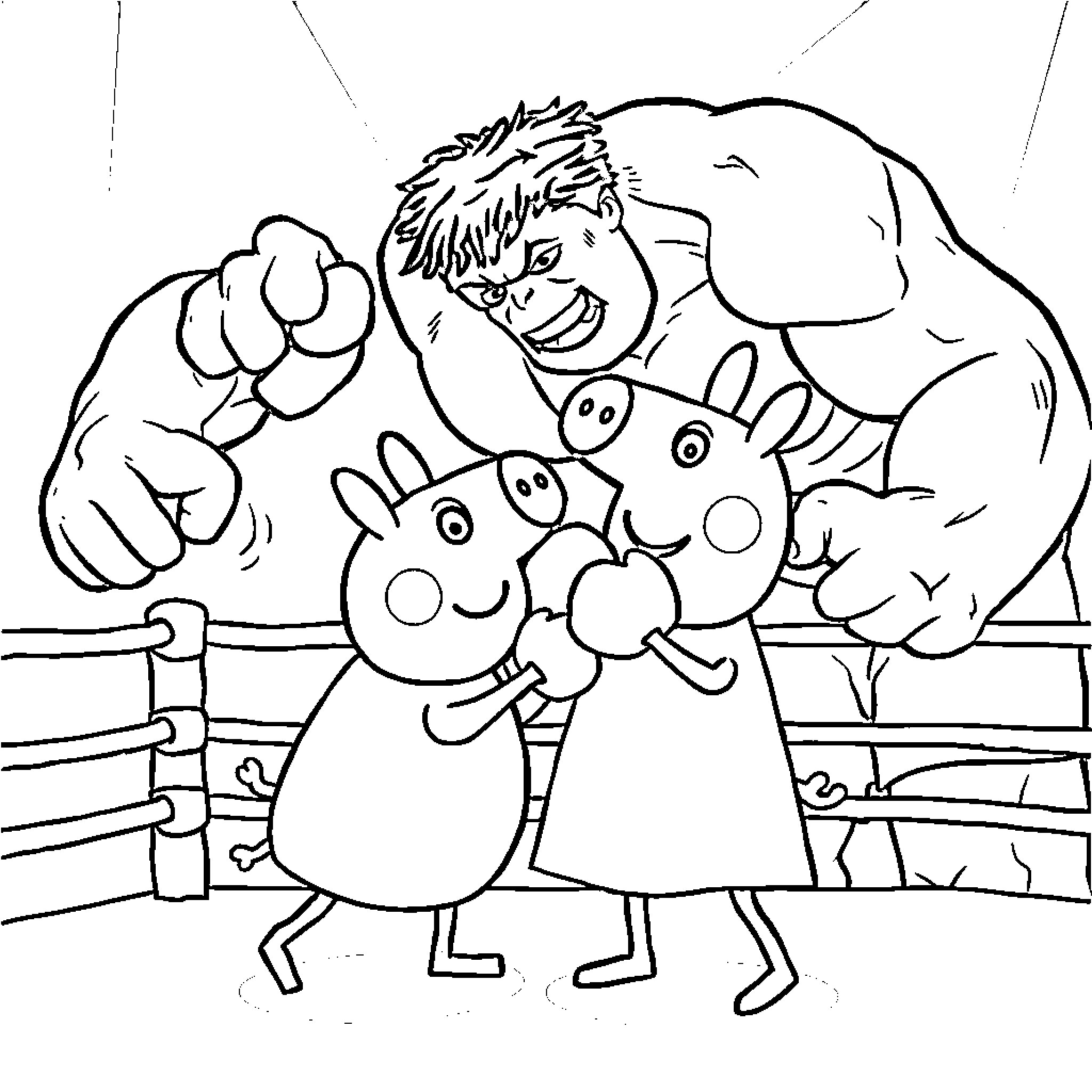 Peppa Pig and friends in a wrestling match Coloring Page (free black-and-white line drawing printable PDF for all, from beginners to advanced learners, including children, teens, adults, and seniors)