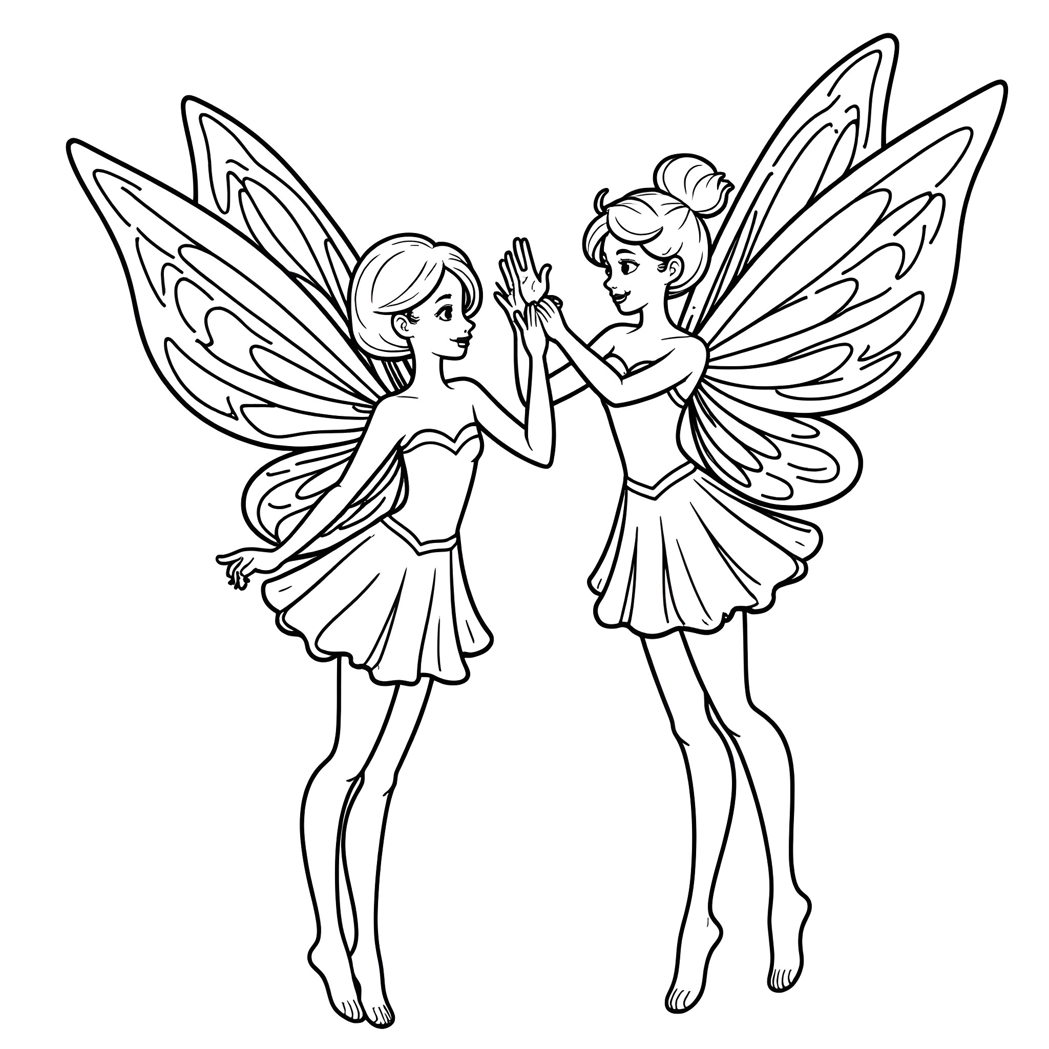 Fairy sisters dancing happily together Coloring Page (free black-and-white line drawing printable PDF for all, from beginners to advanced learners, including children, teens, adults, and seniors)