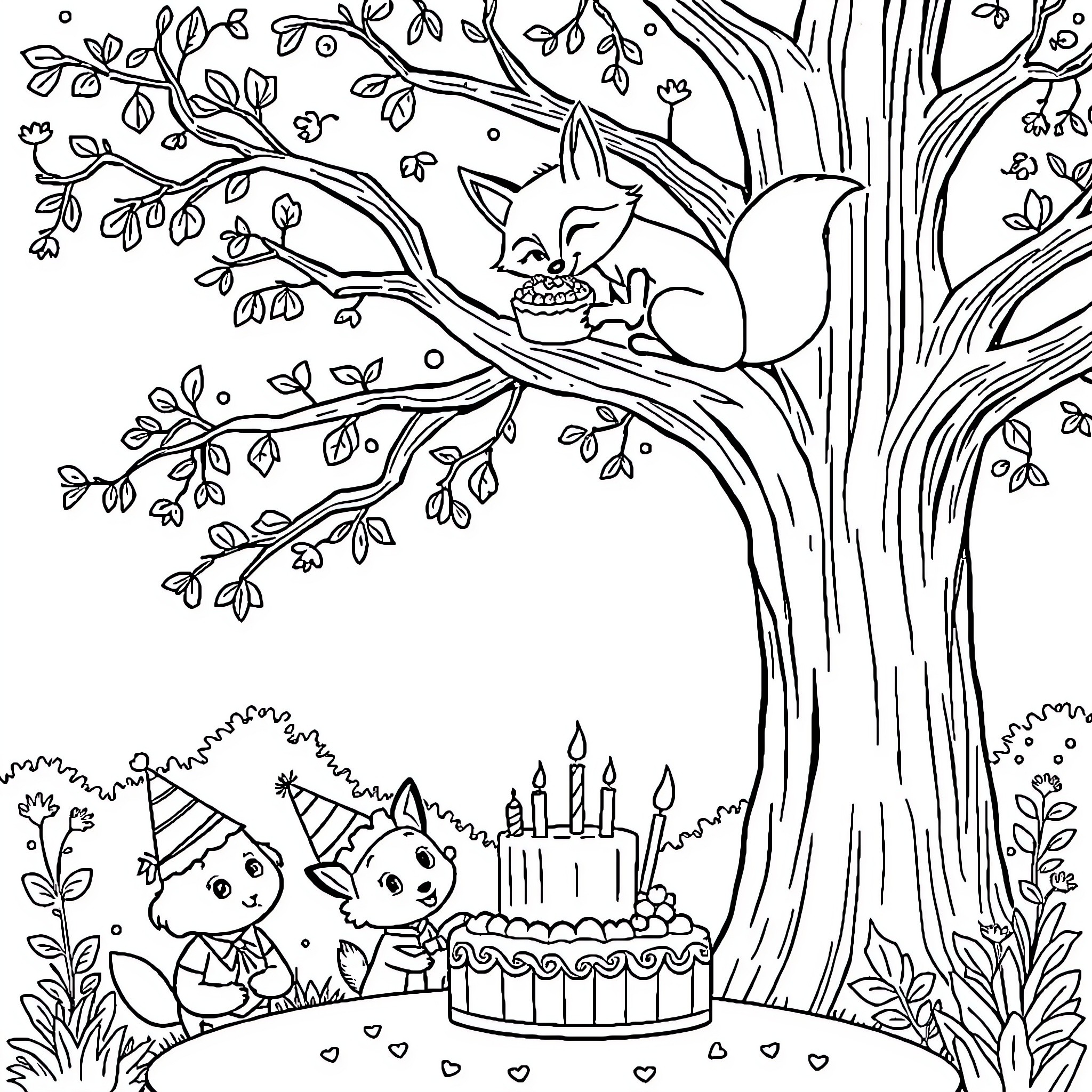 Fox Celebrating Birthday with Friends in the Forest Coloring Page (free black-and-white line drawing printable PDF for all, from beginners to advanced learners, including children, teens, adults, and seniors)