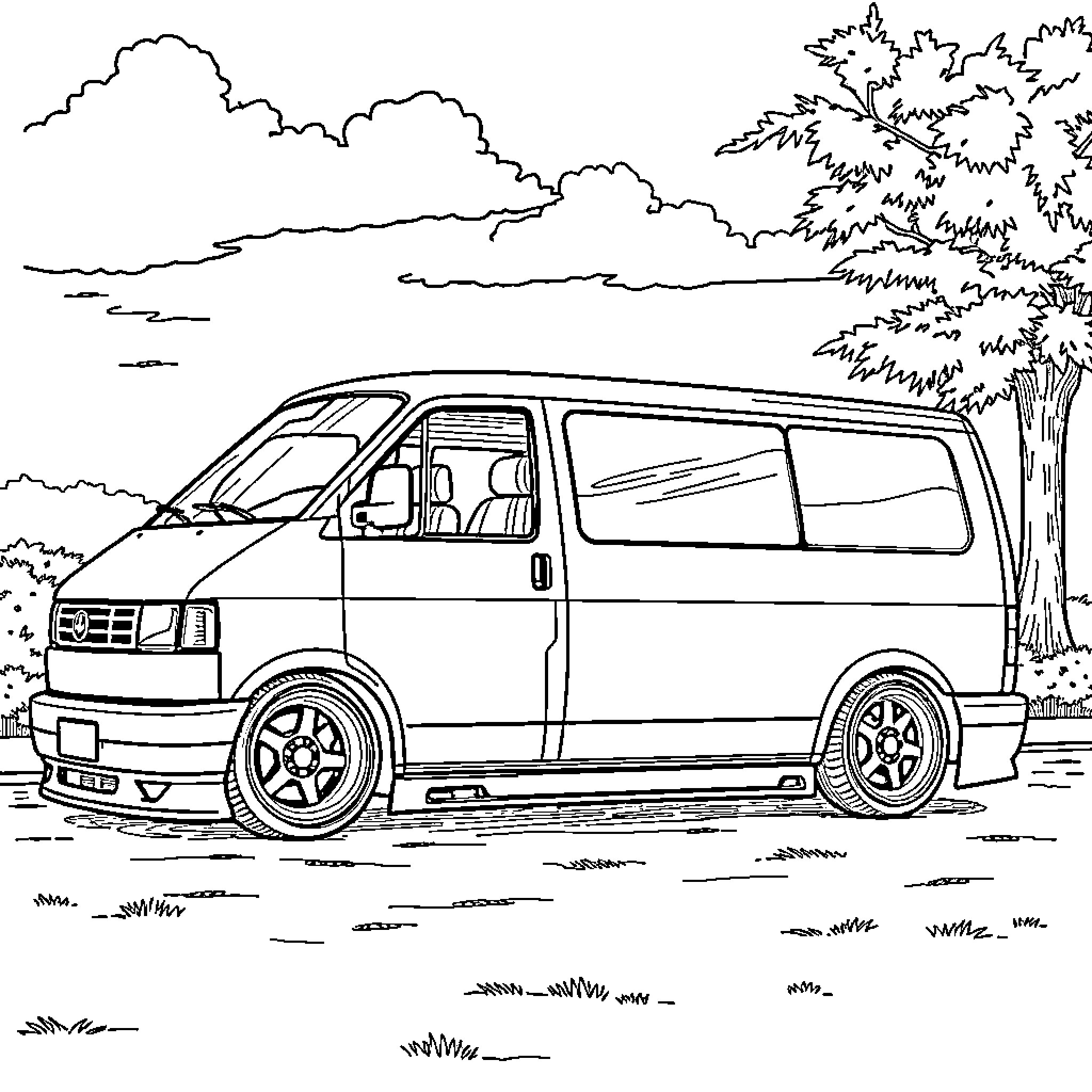 T4 Van on the Road with Scenic Landscape Coloring Page (free black-and-white line drawing printable PDF for all, from beginners to advanced learners, including children, teens, adults, and seniors)