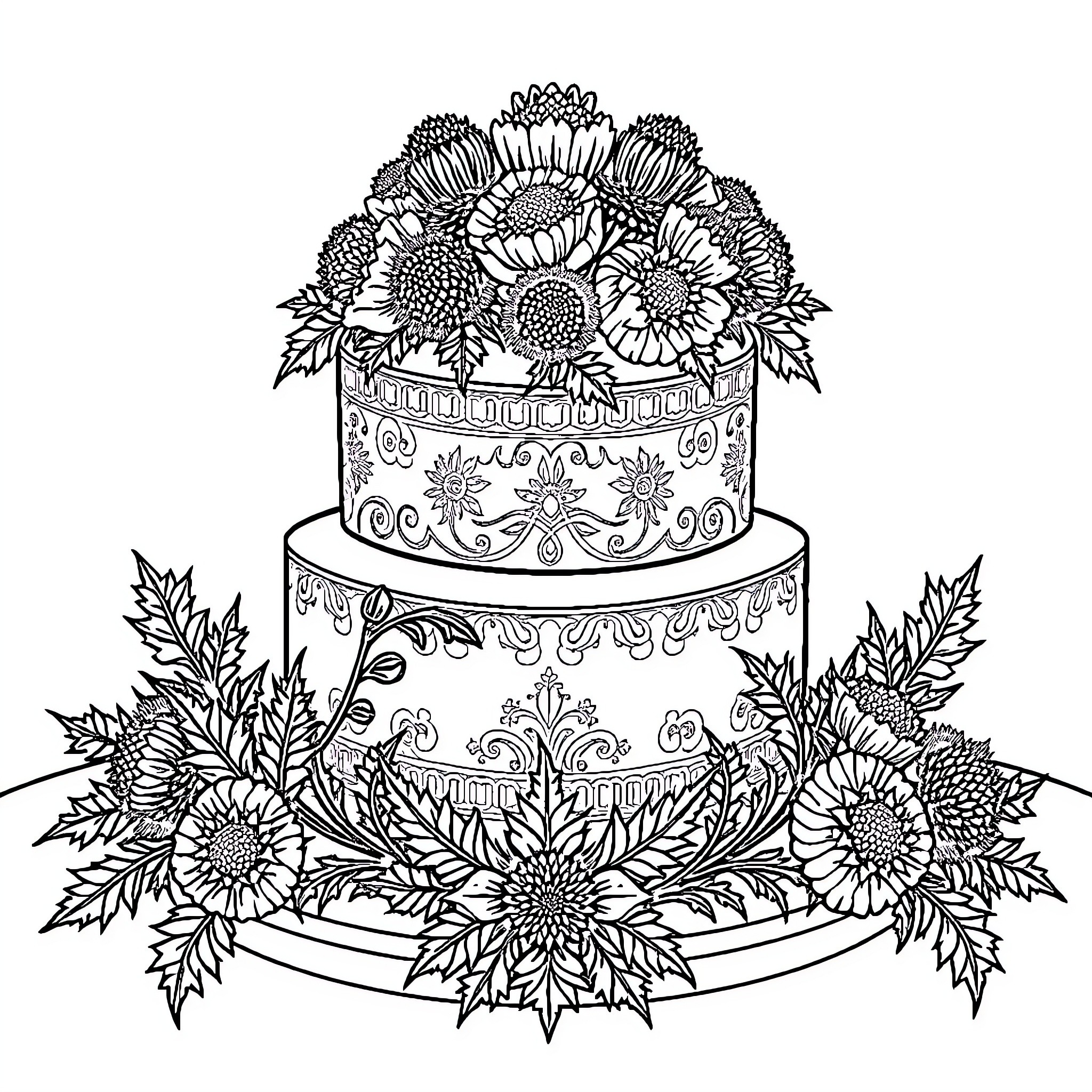Wedding Cake with Elaborate Floral Decor Coloring Page (free black-and-white line drawing printable PDF for all, from beginners to advanced learners, including children, teens, adults, and seniors)