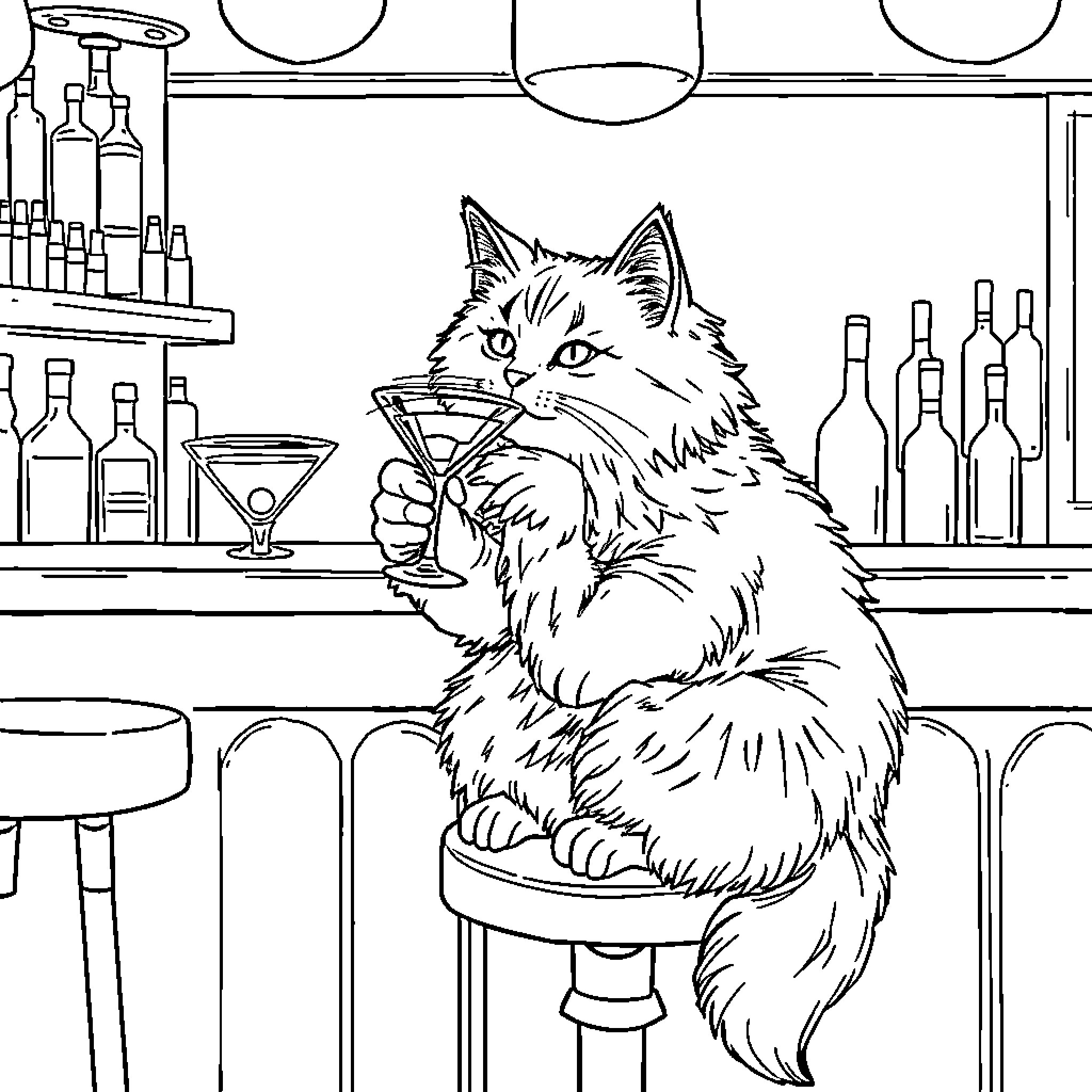 Cat enjoying a drink at the bar Coloring Page (free black-and-white line drawing printable PDF for all, from beginners to advanced learners, including children, teens, adults, and seniors)