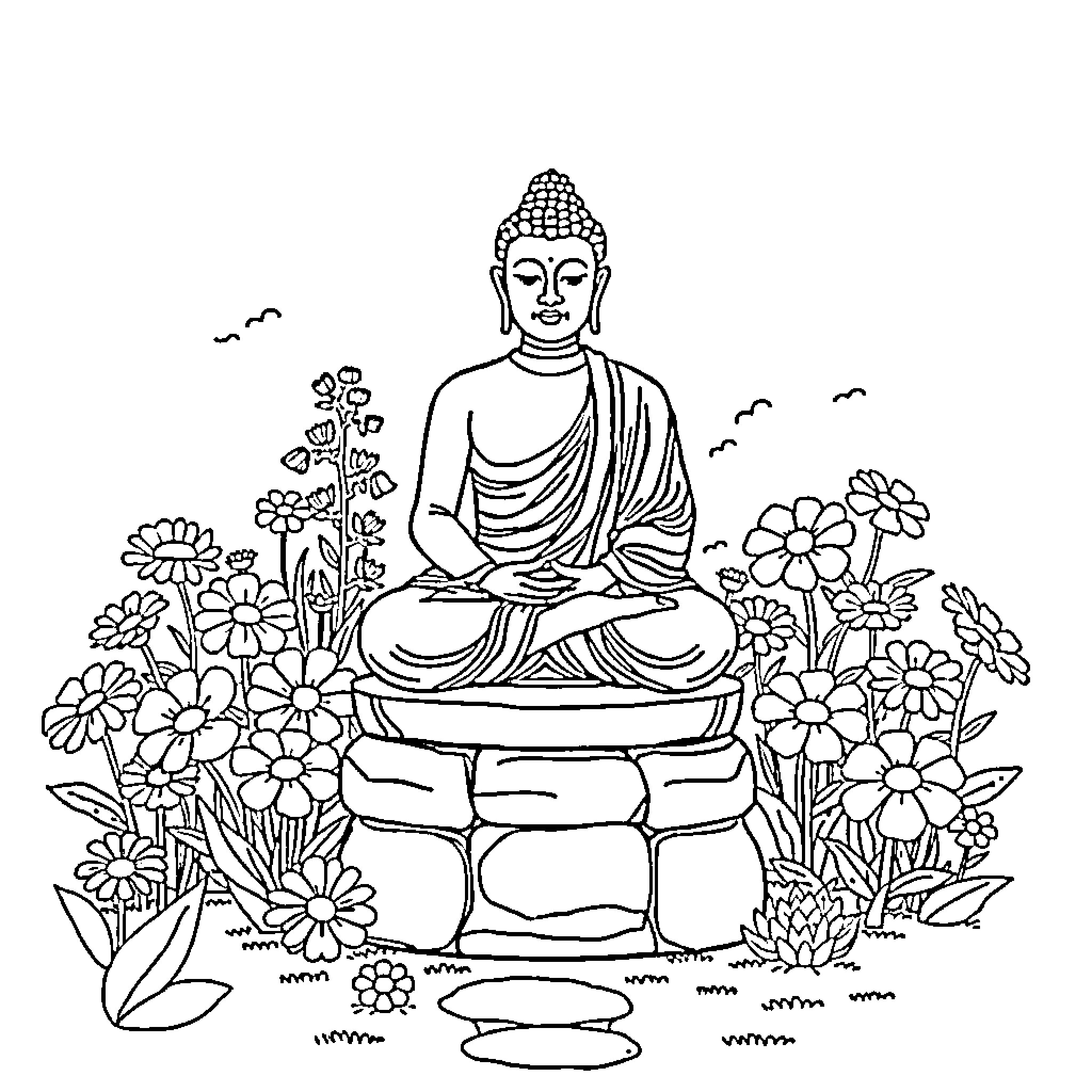 Buddha Meditating in Serene Floral Garden Coloring Page (free black-and-white line drawing printable PDF for all, from beginners to advanced learners, including children, teens, adults, and seniors)