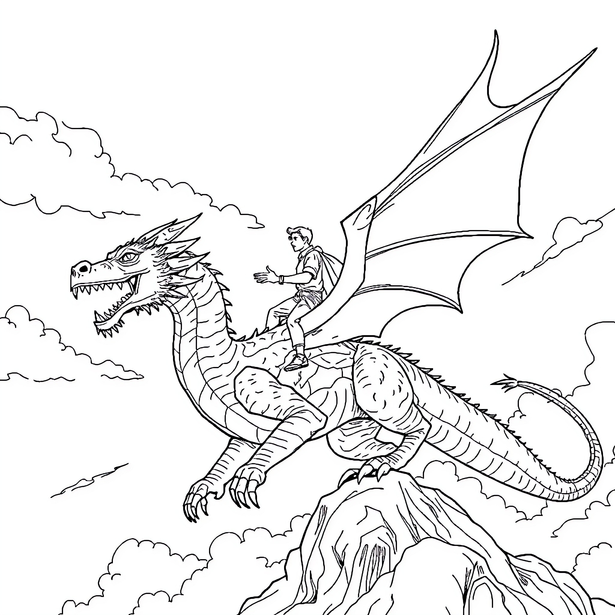 Man riding a fierce dragon in the sky Coloring Page (free black-and-white line drawing printable PDF for all, from beginners to advanced learners, including children, teens, adults, and seniors)