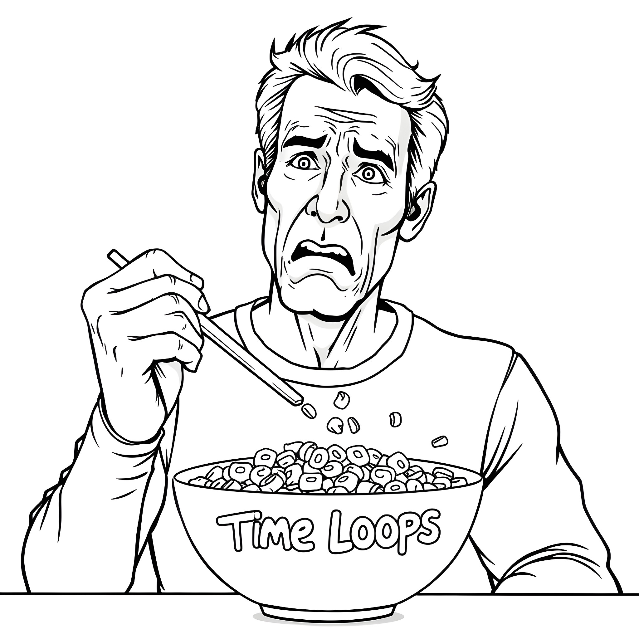 Scott Bakula eating cereal with a serious expression Coloring Page (free black-and-white line drawing printable PDF for all, from beginners to advanced learners, including children, teens, adults, and seniors)