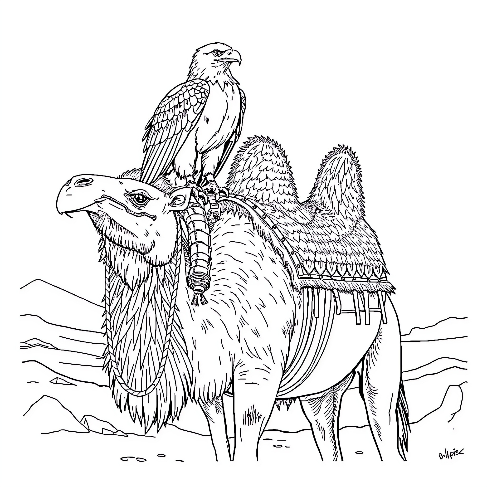 Eagle perched atop ornate fantasy creature Coloring Page (free black-and-white line drawing printable PDF for all, from beginners to advanced learners, including children, teens, adults, and seniors)