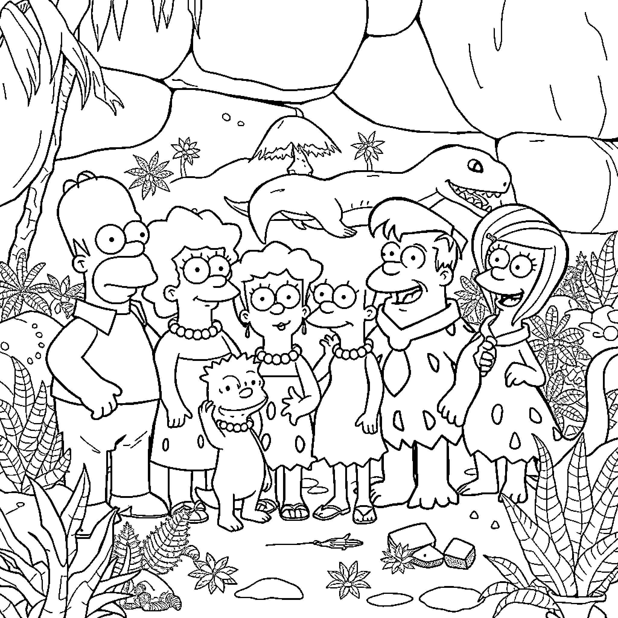 Simpsons Family Adventure in Wilderness Coloring Page (free black-and-white line drawing printable PDF for all, from beginners to advanced learners, including children, teens, adults, and seniors)