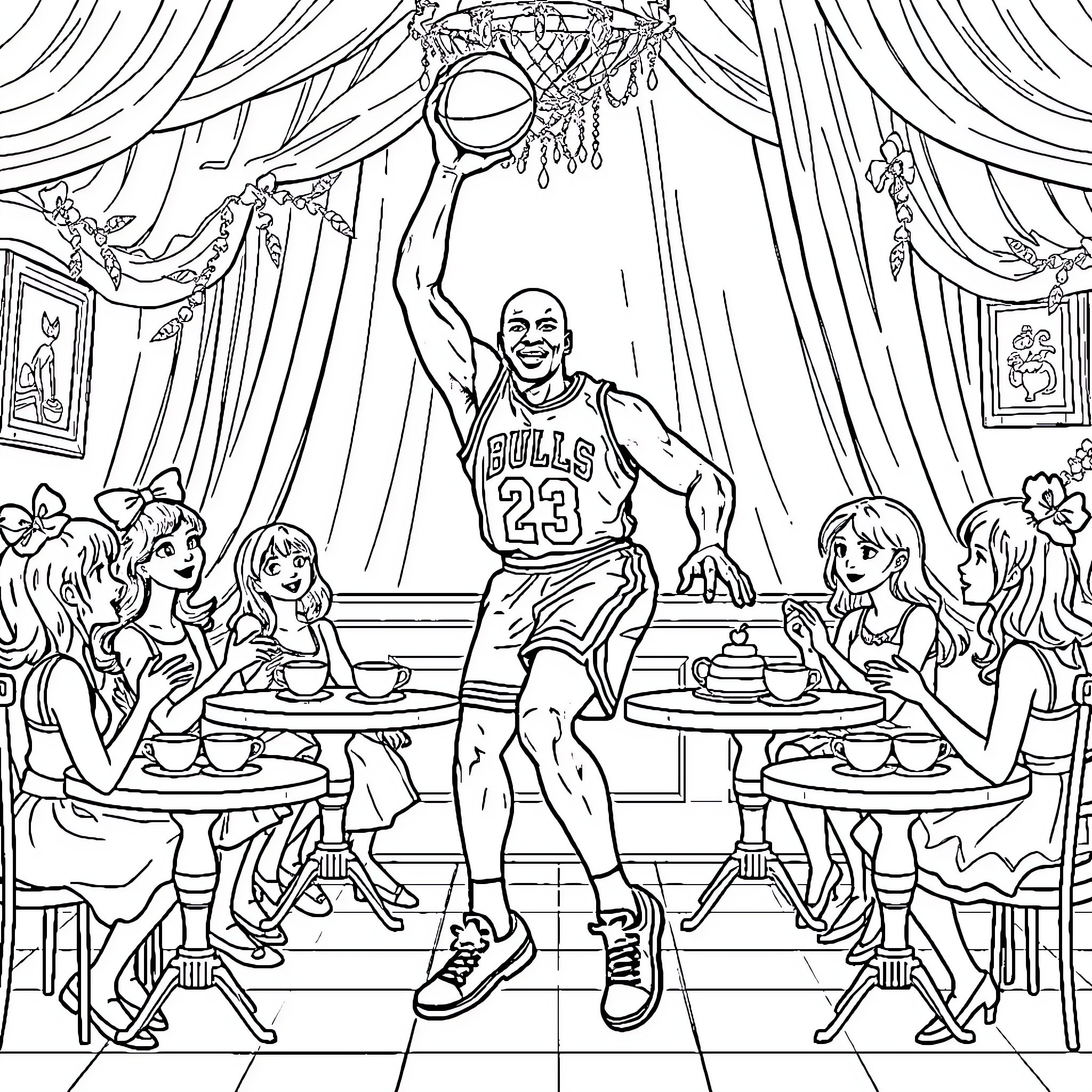 Michael Jordan Entertaining Basketball Fans Coloring Page (free black-and-white line drawing printable PDF for all, from beginners to advanced learners, including children, teens, adults, and seniors)