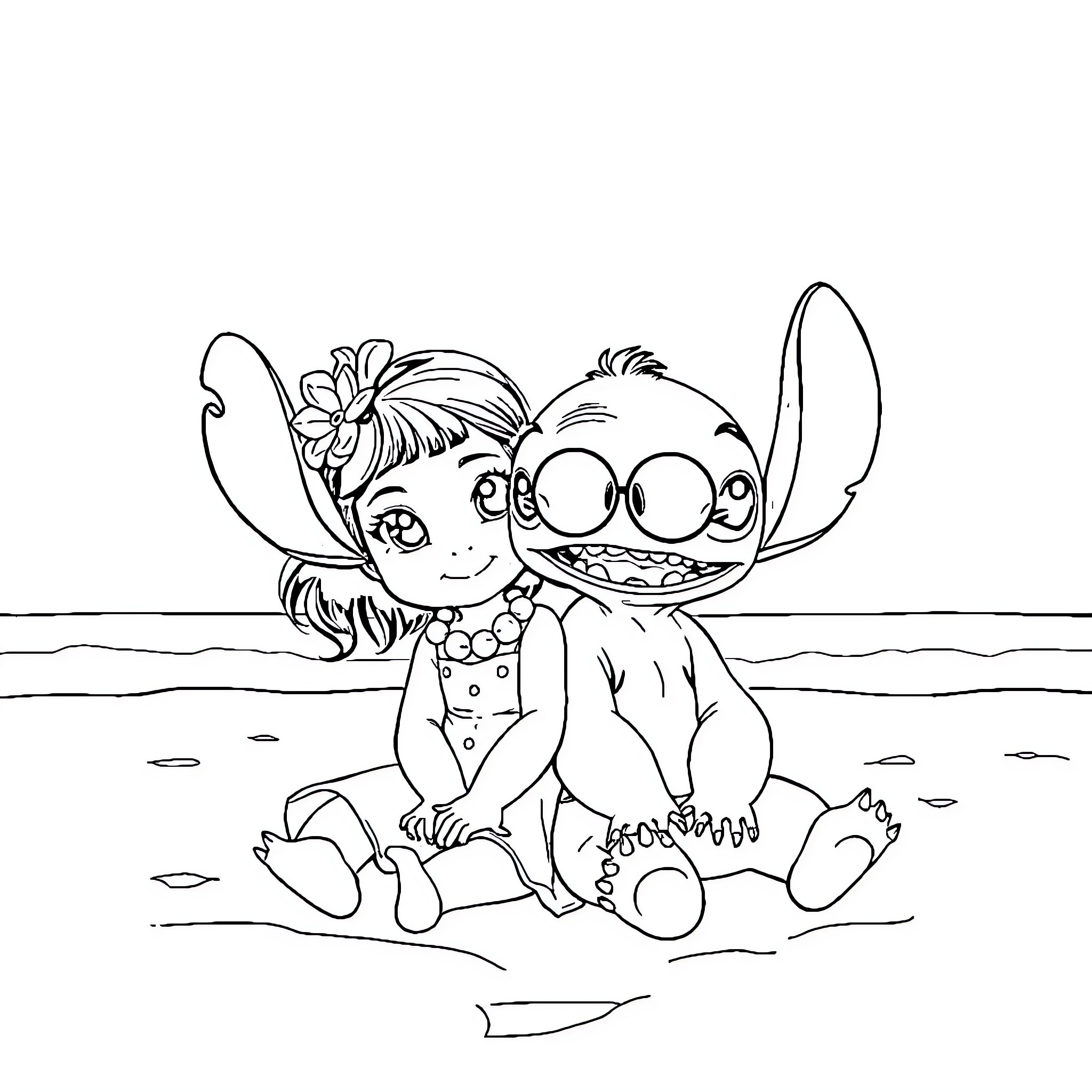 Lilo And Stitch playing happily in the sand Coloring Page (free black-and-white line drawing printable PDF for all, from beginners to advanced learners, including children, teens, adults, and seniors)