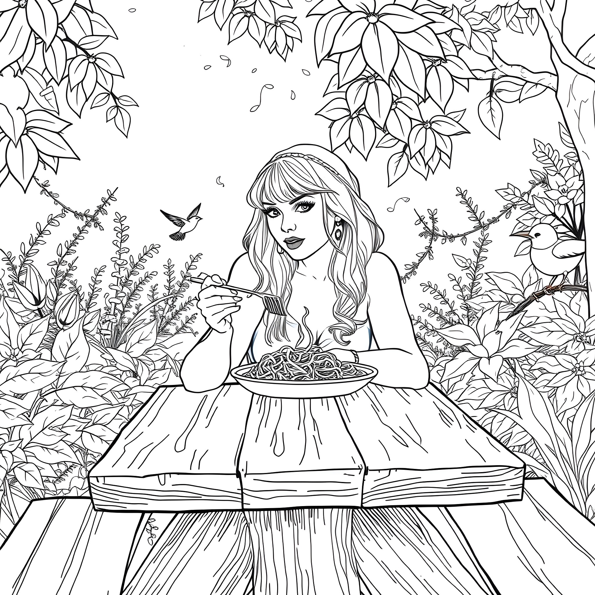 Taylor Swift enjoying a picnic in a lush garden Coloring Page (free black-and-white line drawing printable PDF for all, from beginners to advanced learners, including children, teens, adults, and seniors)