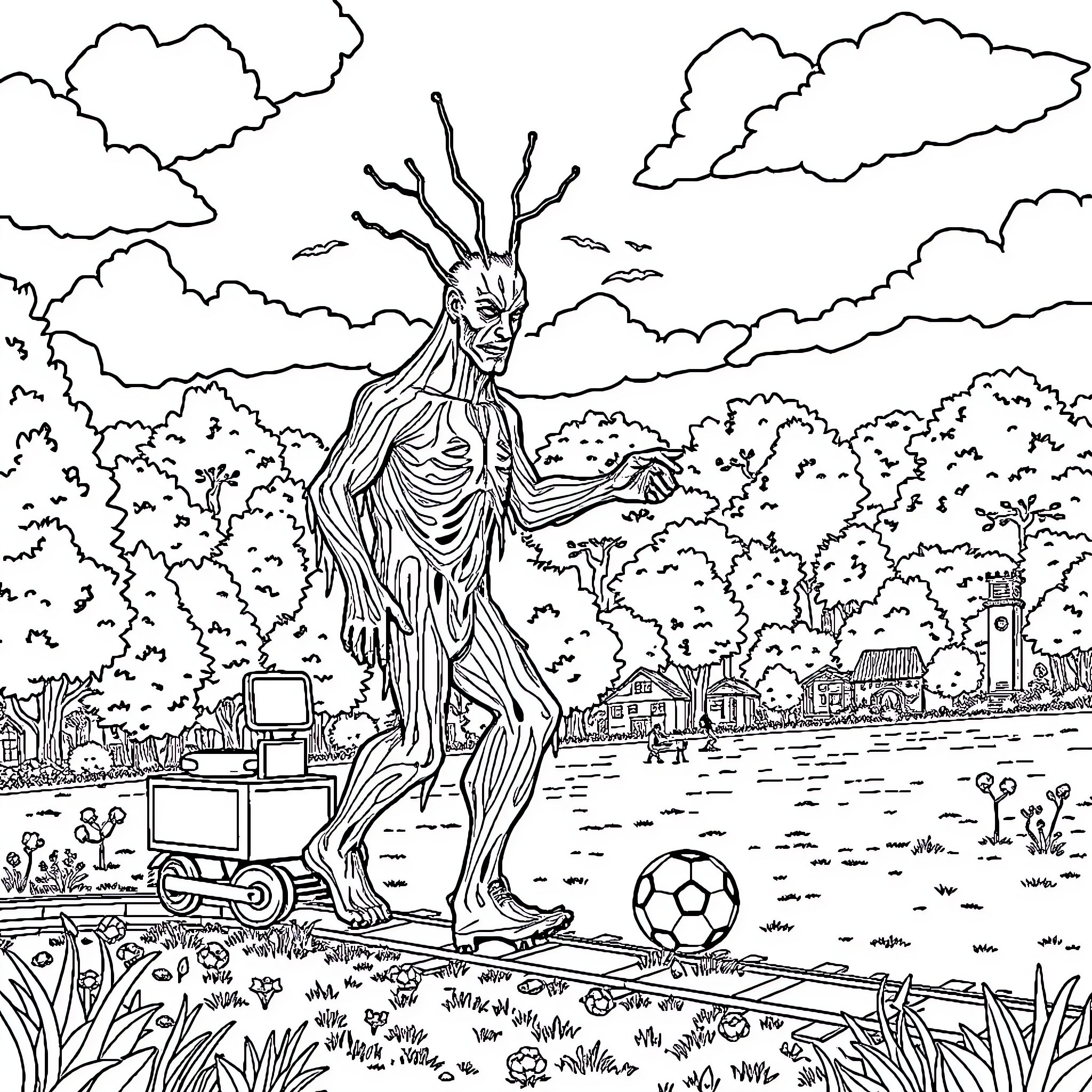Groot playing soccer in the park Coloring Page (free black-and-white line drawing printable PDF for all, from beginners to advanced learners, including children, teens, adults, and seniors)