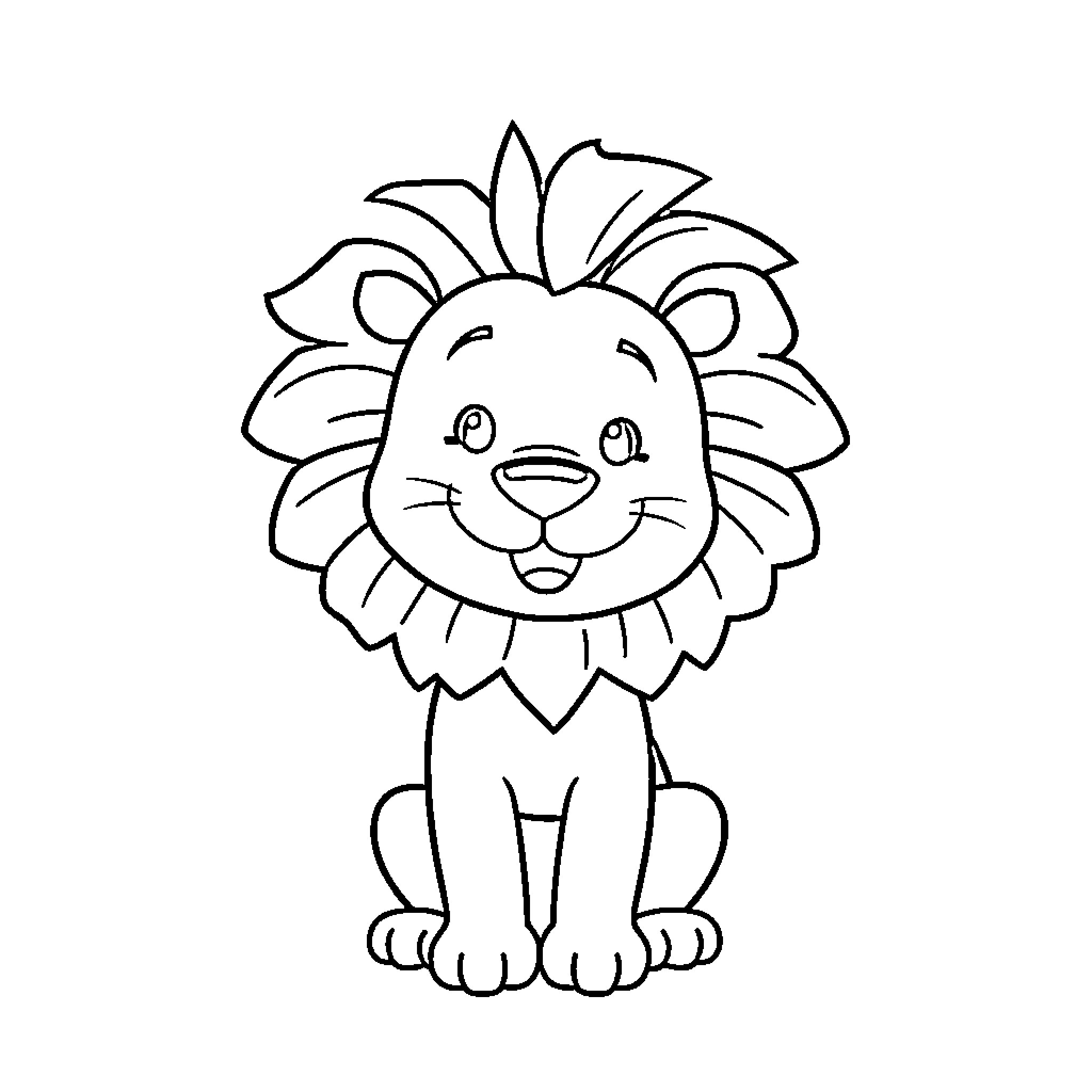 Lion with Smiling Expression Coloring Page (free black-and-white line drawing printable PDF for all, from beginners to advanced learners, including children, teens, adults, and seniors)