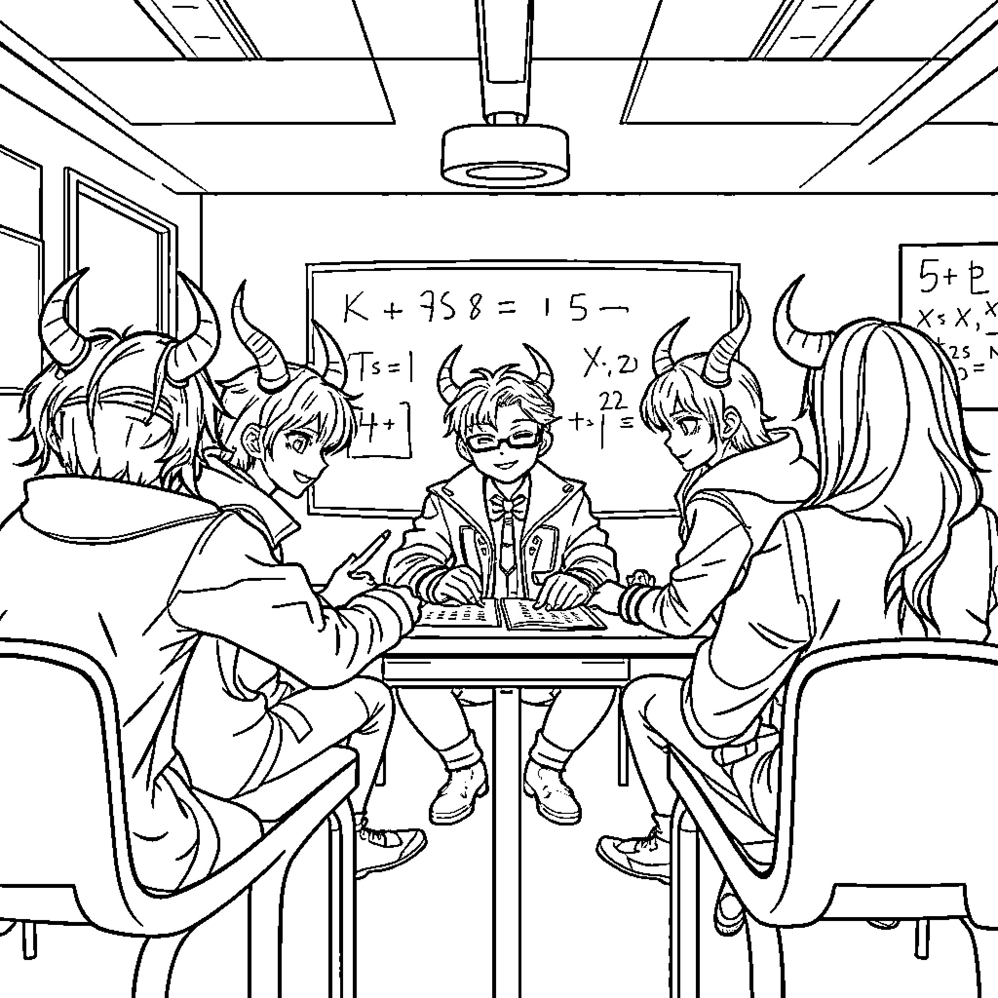 Demon Hunters Solve Mathematic Equations in Classroom Coloring Page (free black-and-white line drawing printable PDF for all, from beginners to advanced learners, including children, teens, adults, and seniors)