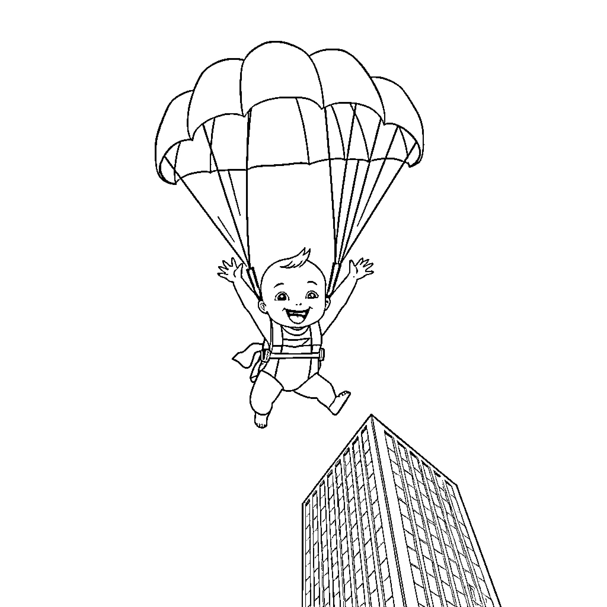 Baby parachuting joyfully towards city skyscrapers Coloring Page (free black-and-white line drawing printable PDF for all, from beginners to advanced learners, including children, teens, adults, and seniors)