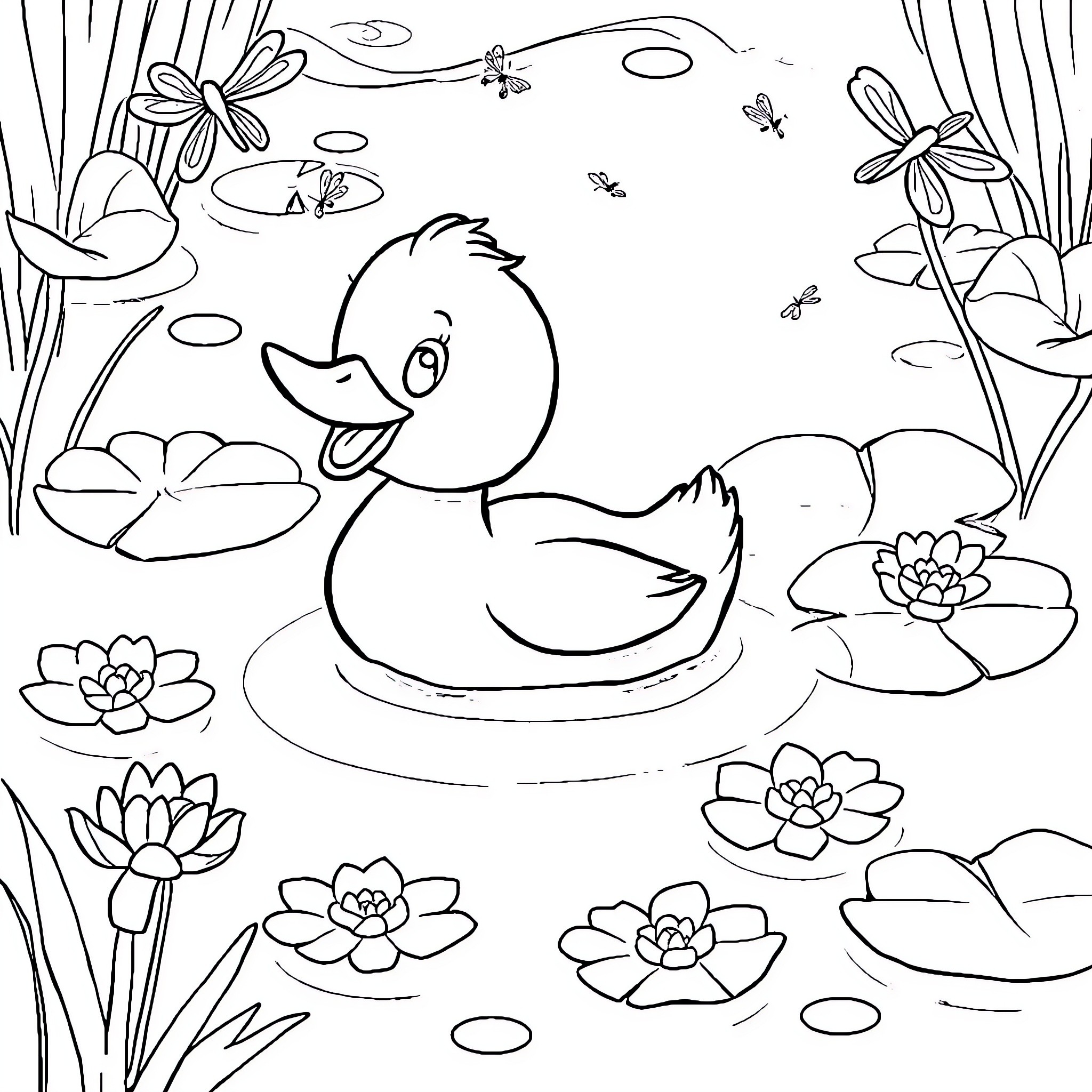 Duck Swimming Happily in Pond with Flowers Coloring Page (free black-and-white line drawing printable PDF for all, from beginners to advanced learners, including children, teens, adults, and seniors)
