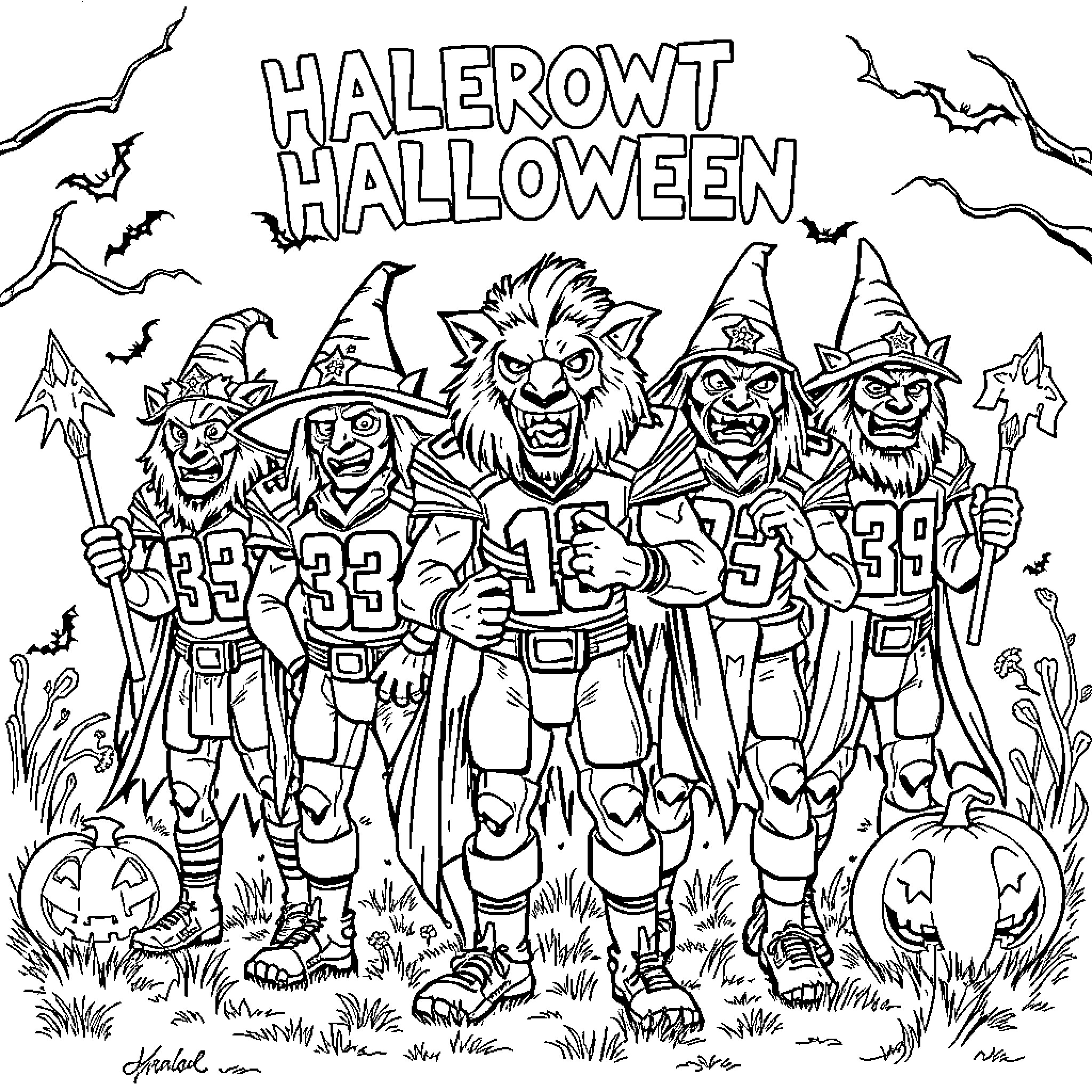Lion Football Players Celebrate Halloween Coloring Page (free black-and-white line drawing printable PDF for all, from beginners to advanced learners, including children, teens, adults, and seniors)