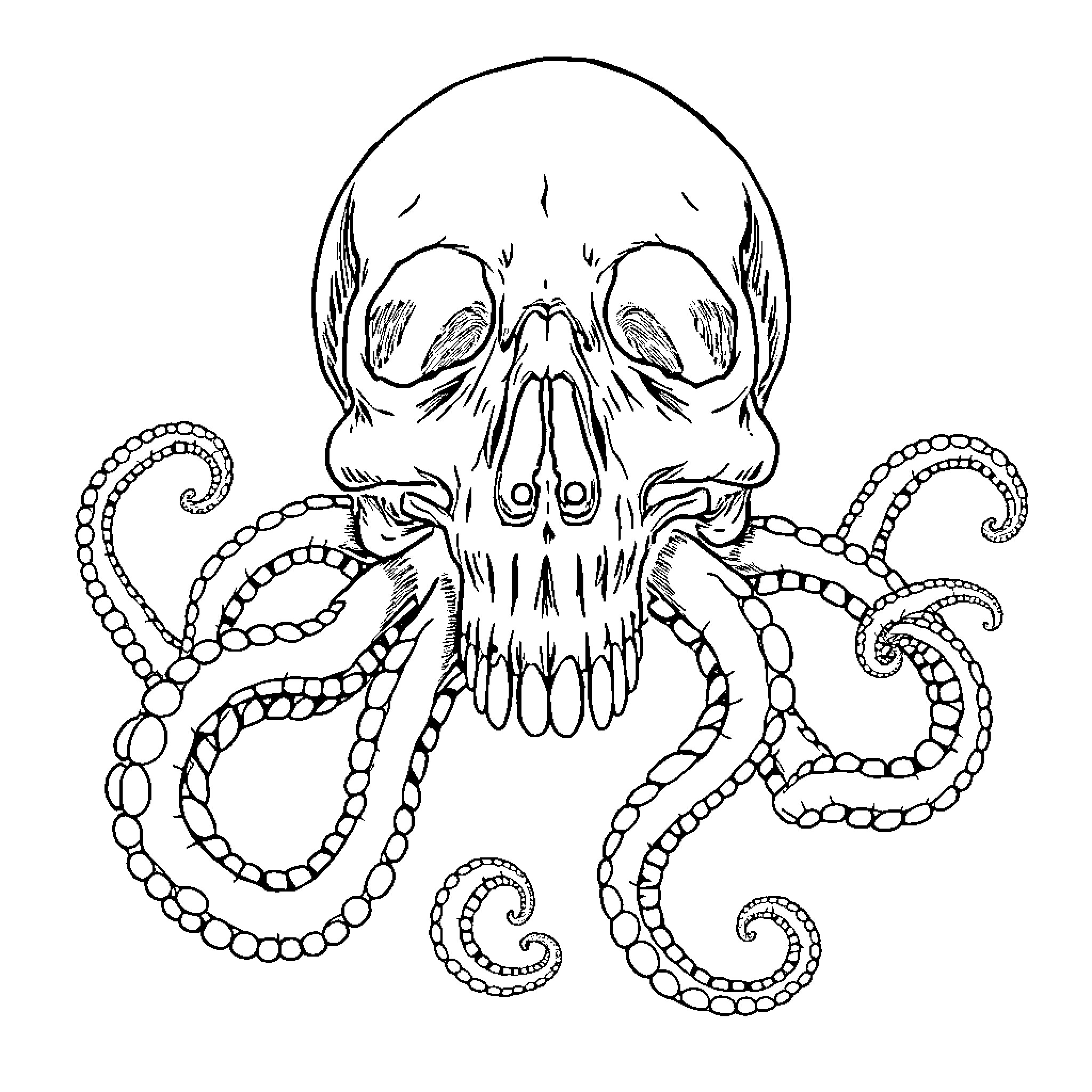 Skull and Octopus Intertwined Illustration Coloring Page (free black-and-white line drawing printable PDF for all, from beginners to advanced learners, including children, teens, adults, and seniors)