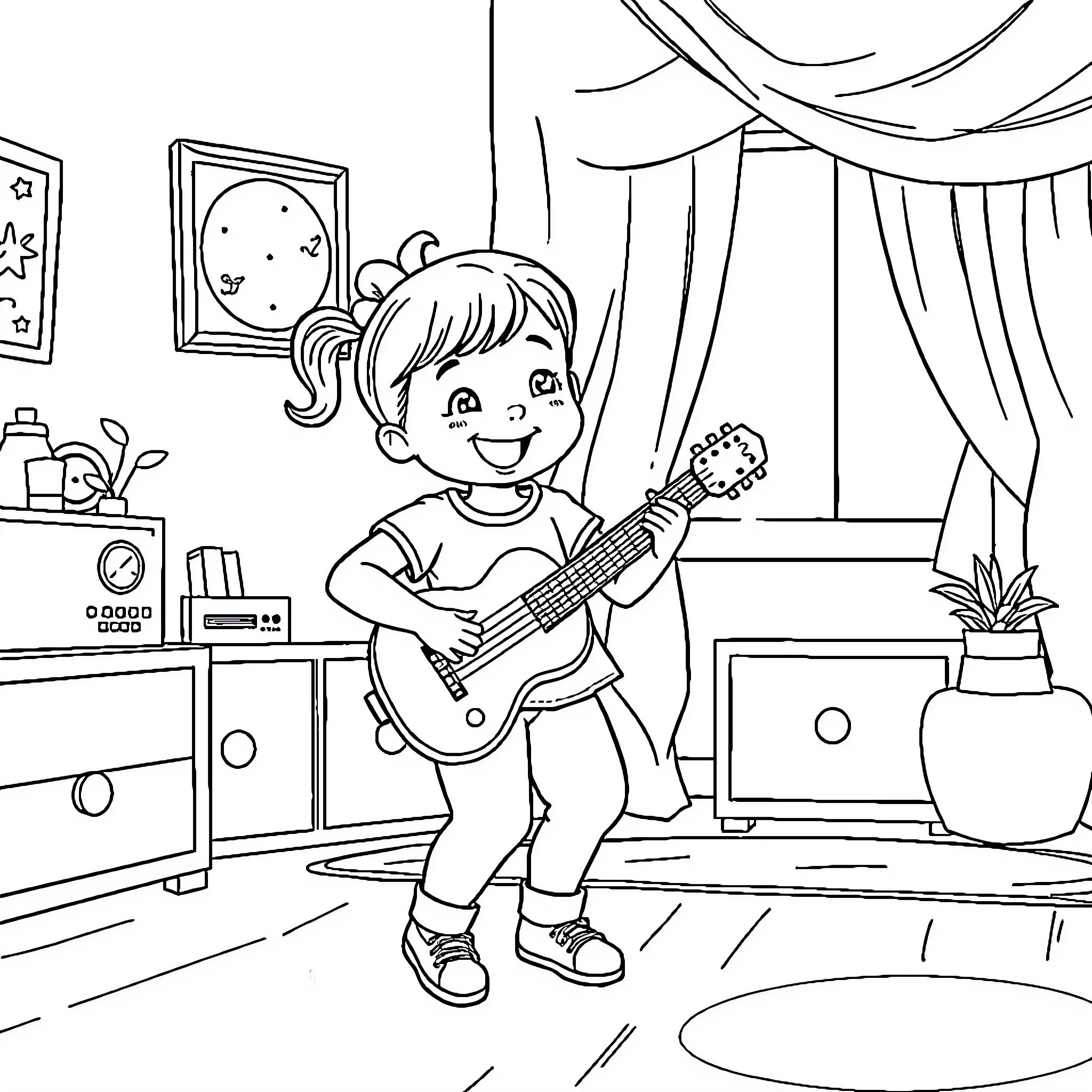 Girl playing guitar in her bedroom Coloring Page (free black-and-white line drawing printable PDF for all, from beginners to advanced learners, including children, teens, adults, and seniors)