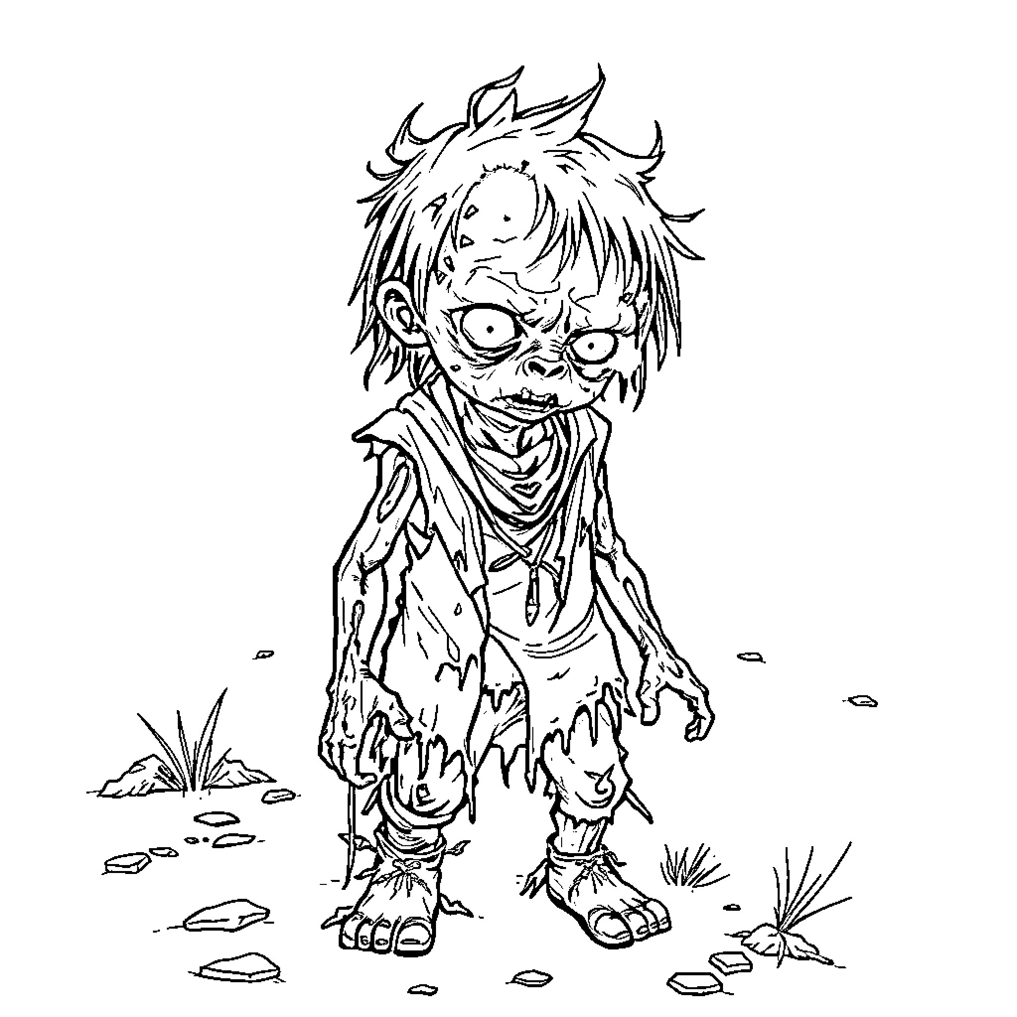 Zombie Creature with Tattered Clothes and Deformed Features Coloring Page (free black-and-white line drawing printable PDF for all, from beginners to advanced learners, including children, teens, adults, and seniors)