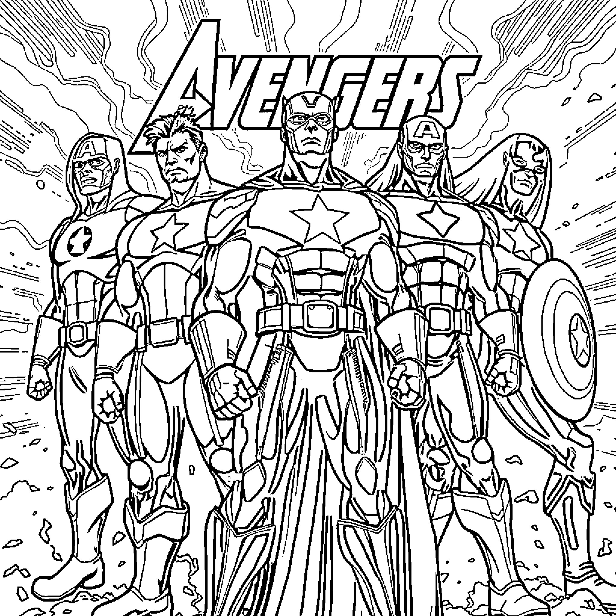 Avengers team poses for an epic battle Coloring Page (free black-and-white line drawing printable PDF for all, from beginners to advanced learners, including children, teens, adults, and seniors)