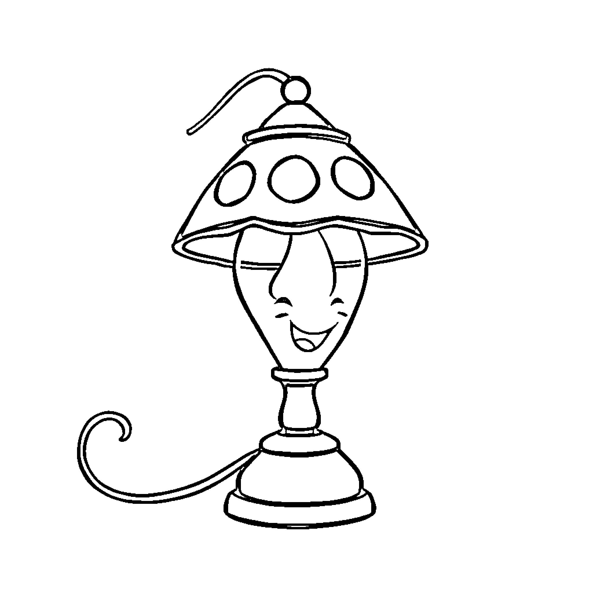 Lamp with whimsical design and expression Coloring Page (free black-and-white line drawing printable PDF for all, from beginners to advanced learners, including children, teens, adults, and seniors)
