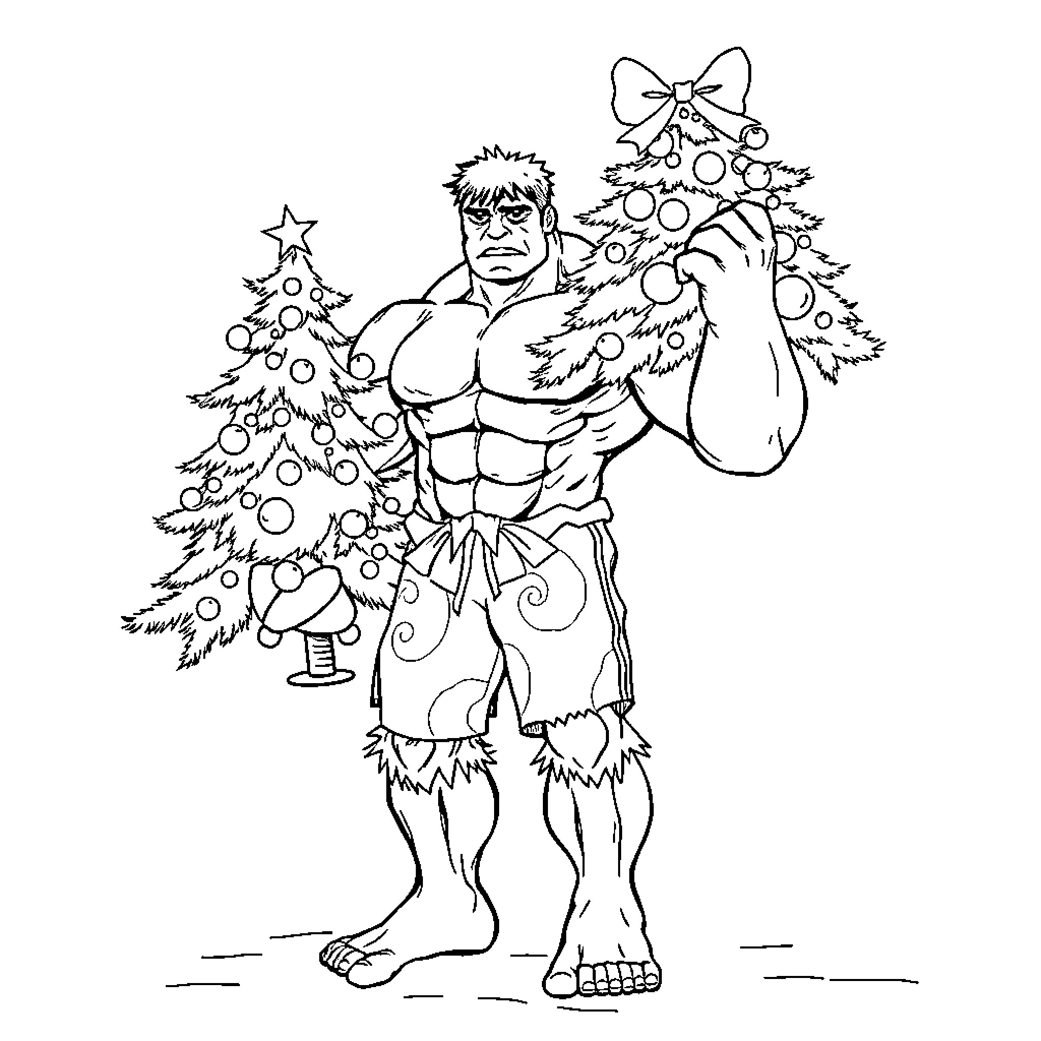 Hulk Decorating Christmas Tree Coloring Page (free black-and-white line drawing printable PDF for all, from beginners to advanced learners, including children, teens, adults, and seniors)