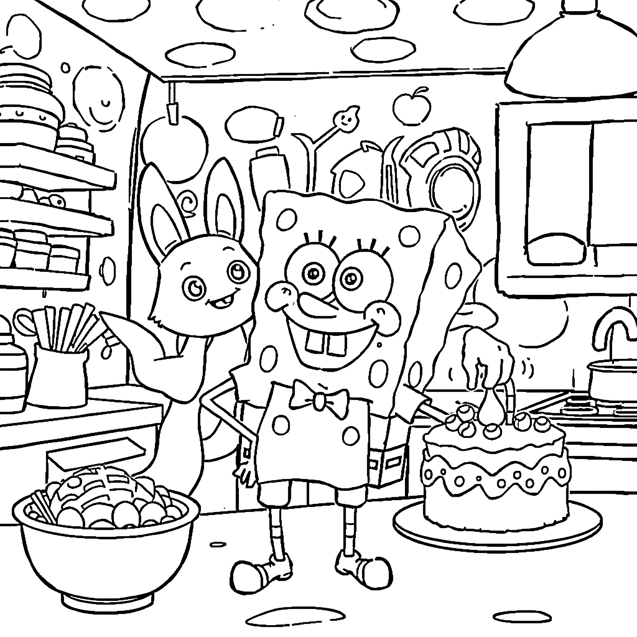 Spongebob and friends celebrate in the kitchen Coloring Page (free black-and-white line drawing printable PDF for all, from beginners to advanced learners, including children, teens, adults, and seniors)