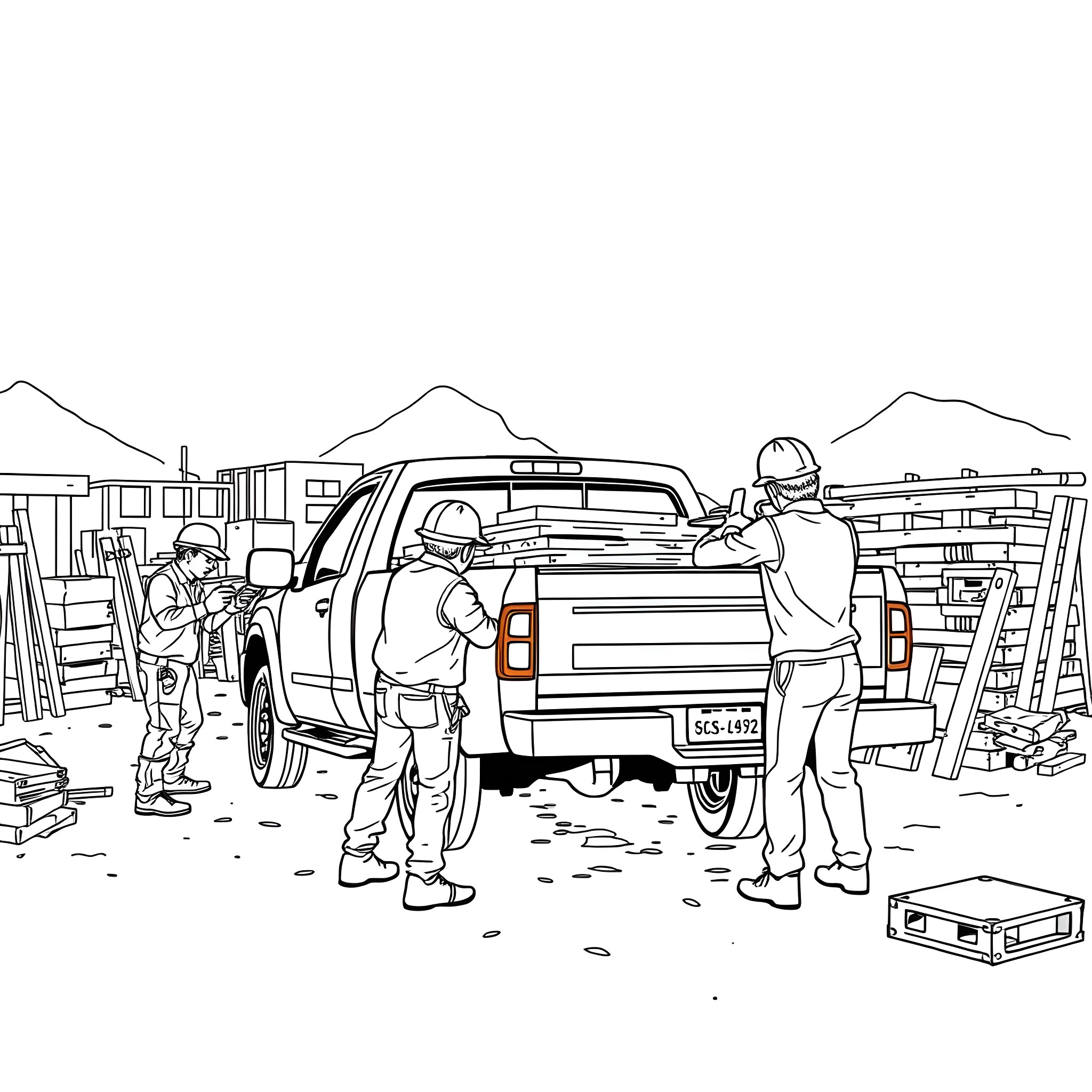Pickup truck assisting workers in construction site Coloring Page (free black-and-white line drawing printable PDF for all, from beginners to advanced learners, including children, teens, adults, and seniors)