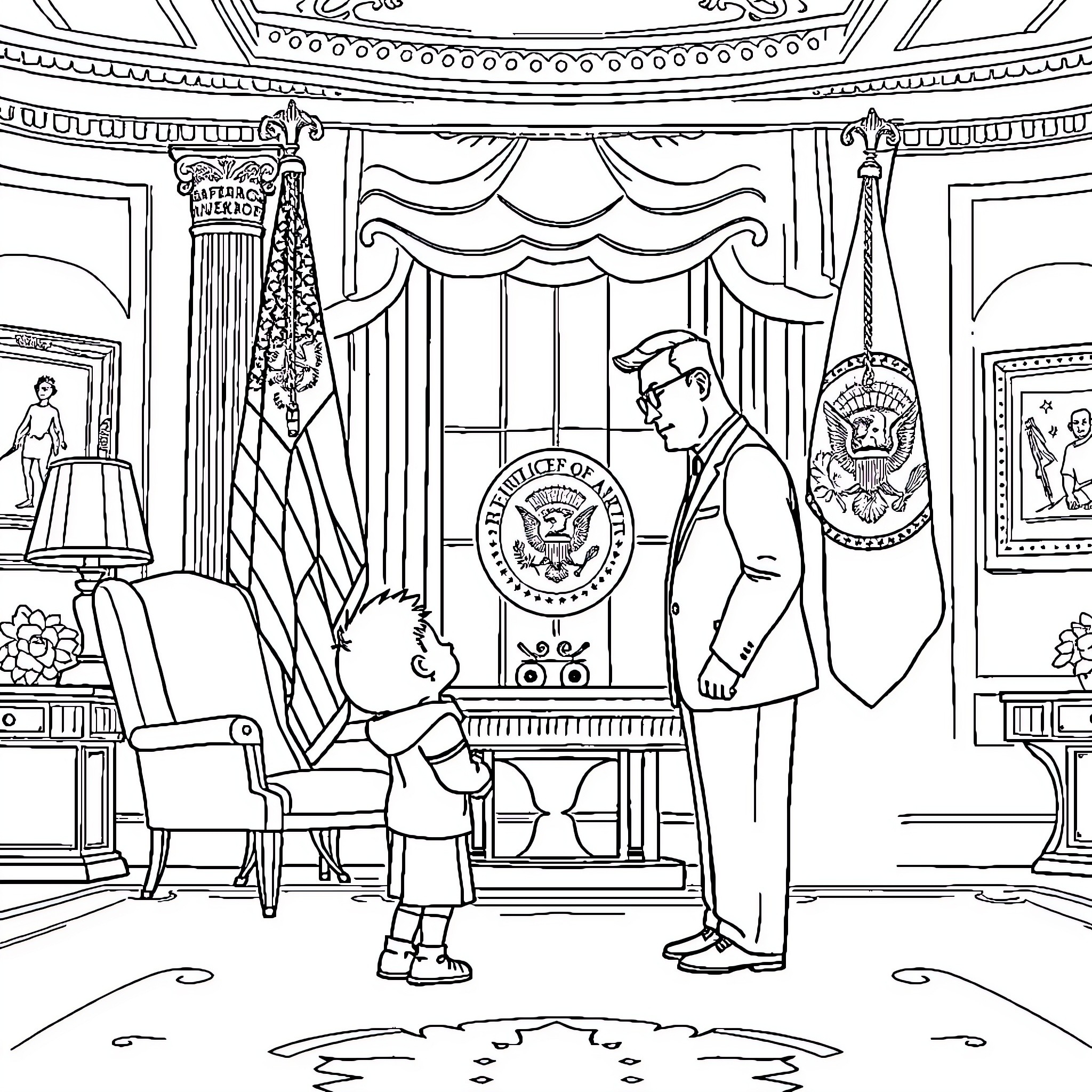 Kid exploring the Oval Office with adult companion Coloring Page (free black-and-white line drawing printable PDF for all, from beginners to advanced learners, including children, teens, adults, and seniors)