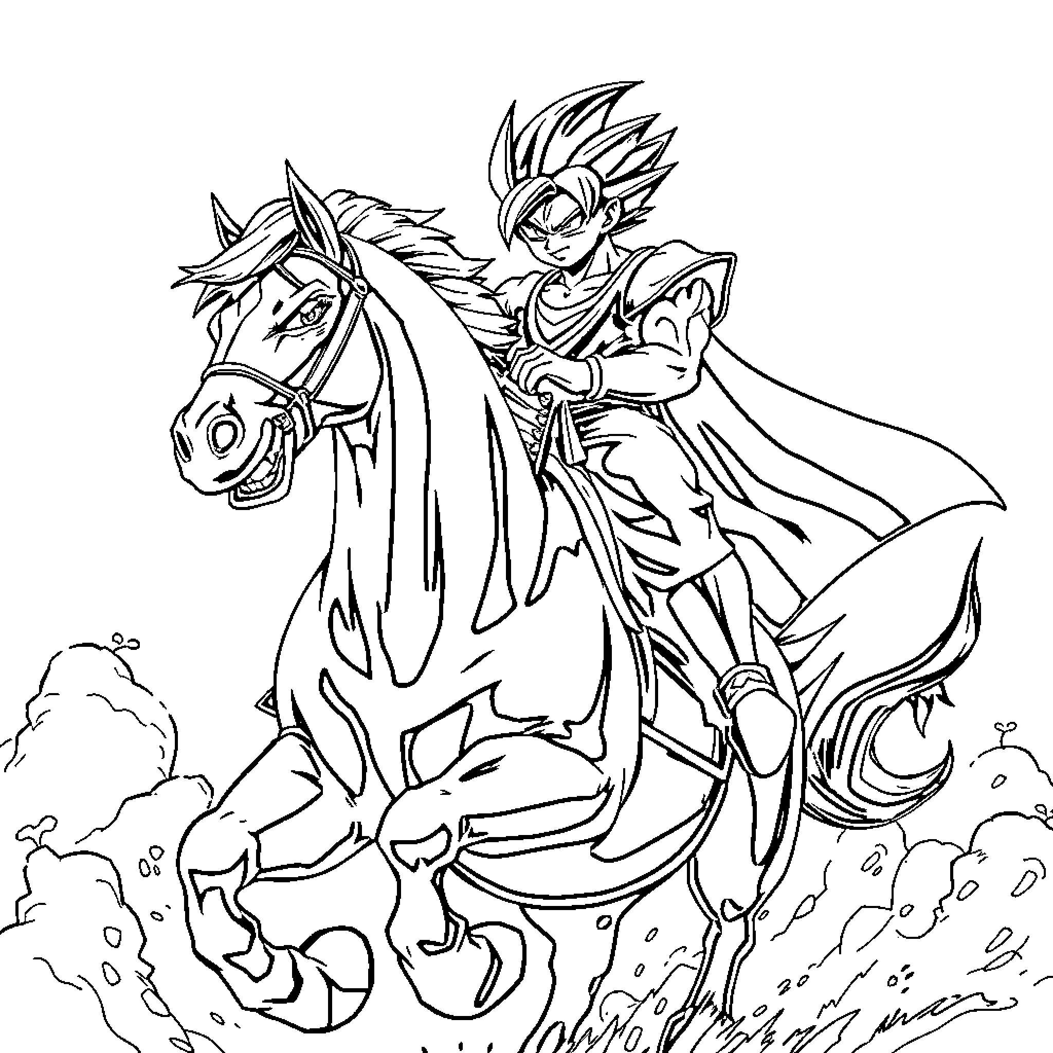 Dragon Ball Z warrior riding a powerful steed Coloring Page (free black-and-white line drawing printable PDF for all, from beginners to advanced learners, including children, teens, adults, and seniors)