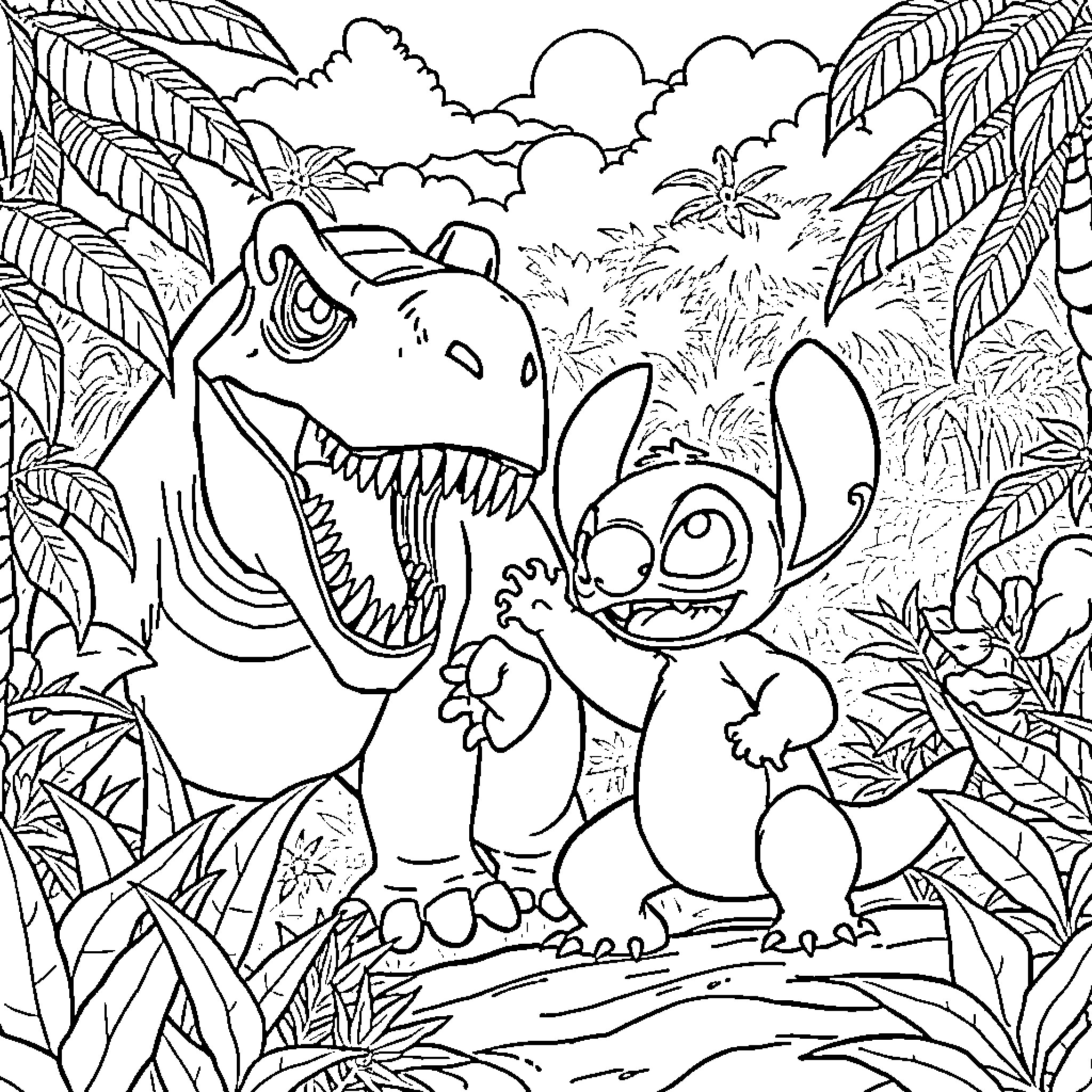 Stitch and T-Rex Encounter in Tropical Wilderness Coloring Page (free black-and-white line drawing printable PDF for all, from beginners to advanced learners, including children, teens, adults, and seniors)