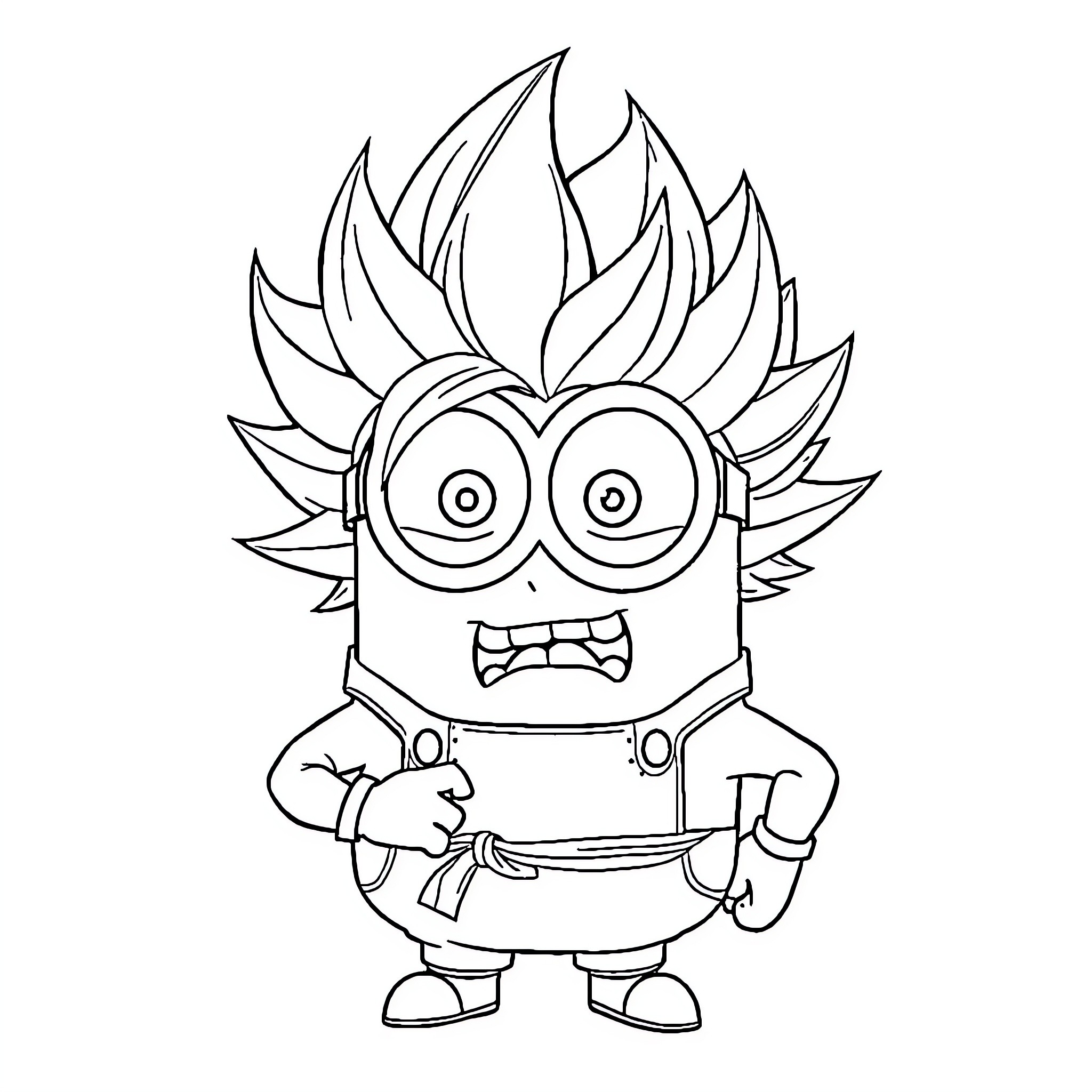 Minion with wild hairstyle striking pose Coloring Page (free black-and-white line drawing printable PDF for all, from beginners to advanced learners, including children, teens, adults, and seniors)
