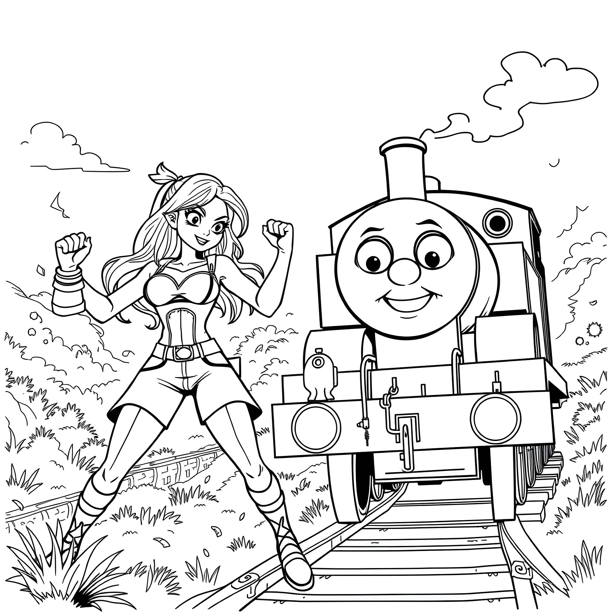 Woman powerfully poses with a cheerful train Coloring Page (free black-and-white line drawing printable PDF for all, from beginners to advanced learners, including children, teens, adults, and seniors)