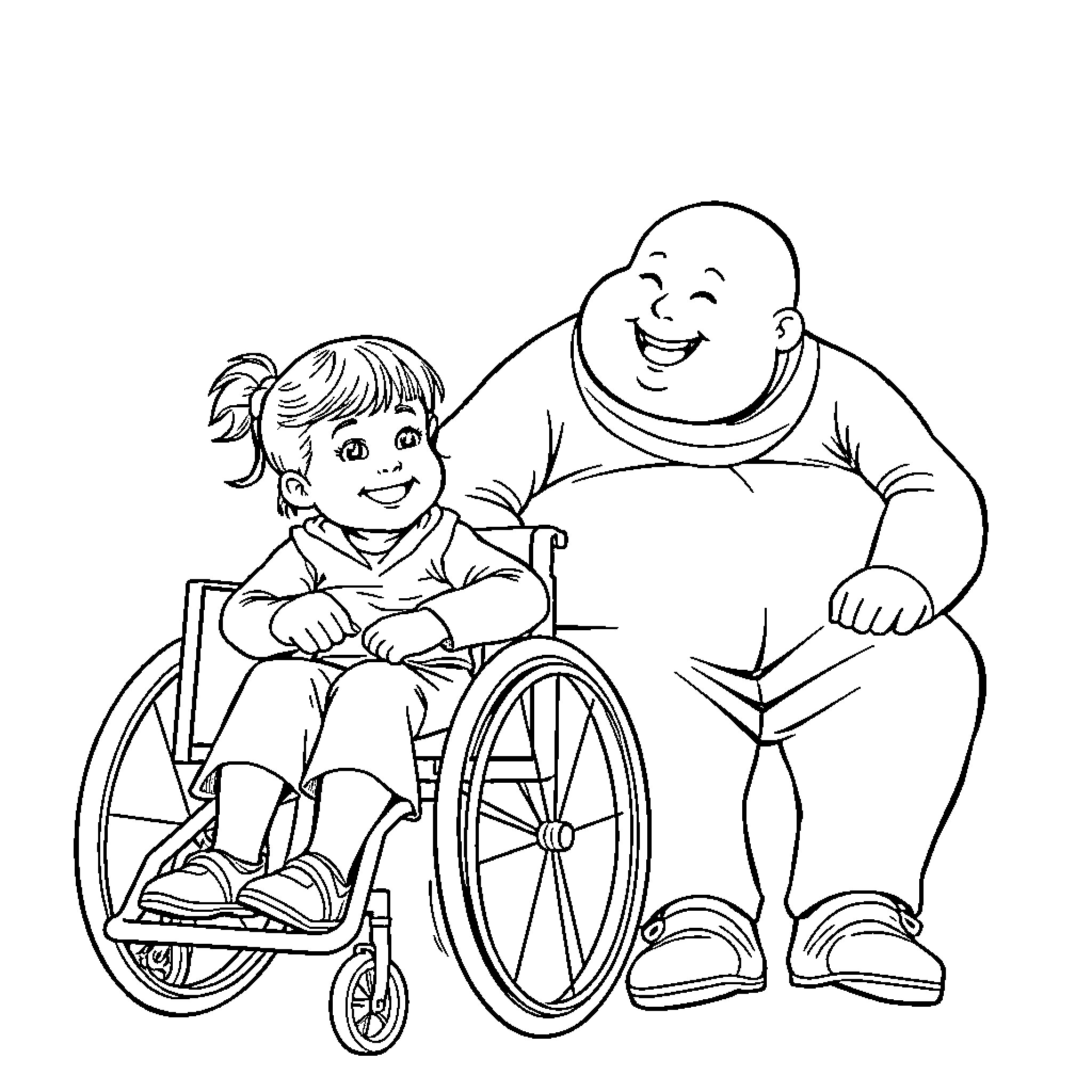 Girl in wheelchair interacting with friendly adult Coloring Page (free black-and-white line drawing printable PDF for all, from beginners to advanced learners, including children, teens, adults, and seniors)