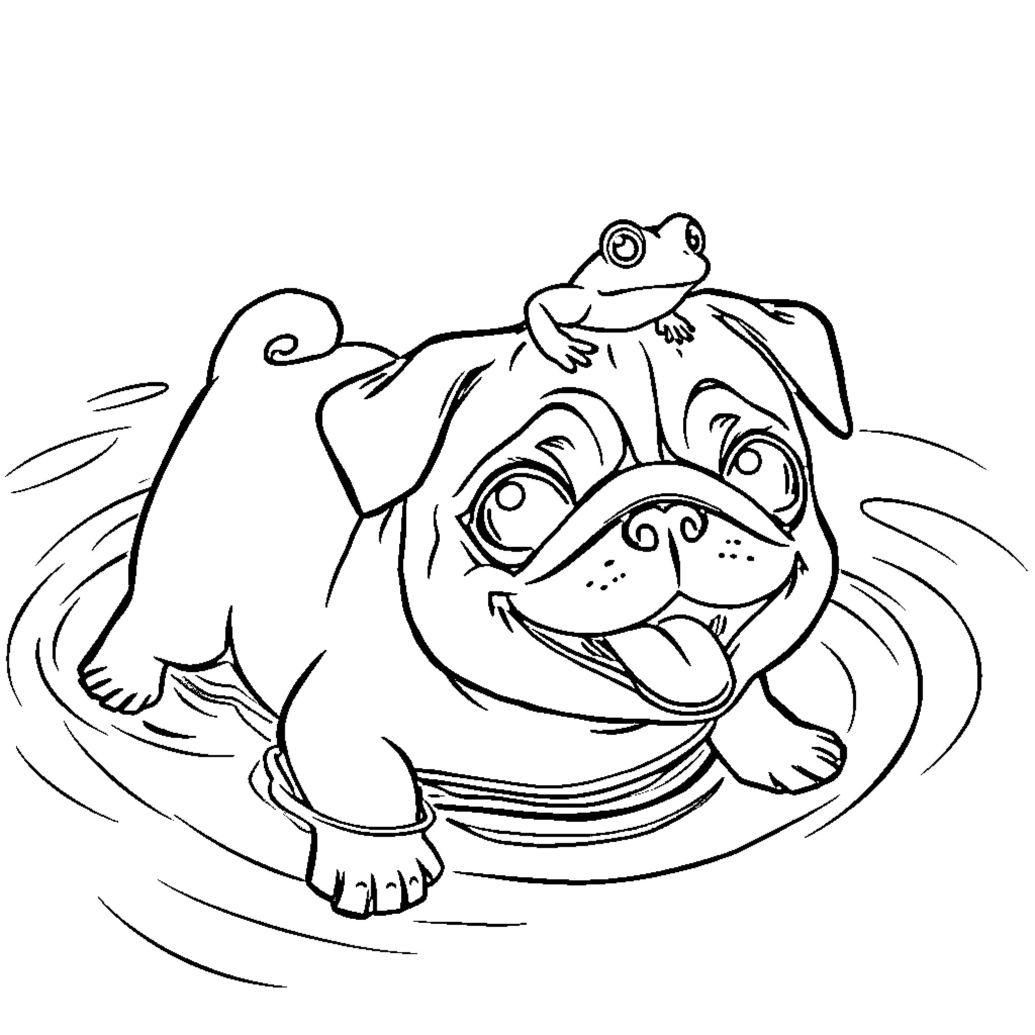 Puggle and Frog Playing in Playful Scene Coloring Page (free black-and-white line drawing printable PDF for all, from beginners to advanced learners, including children, teens, adults, and seniors)