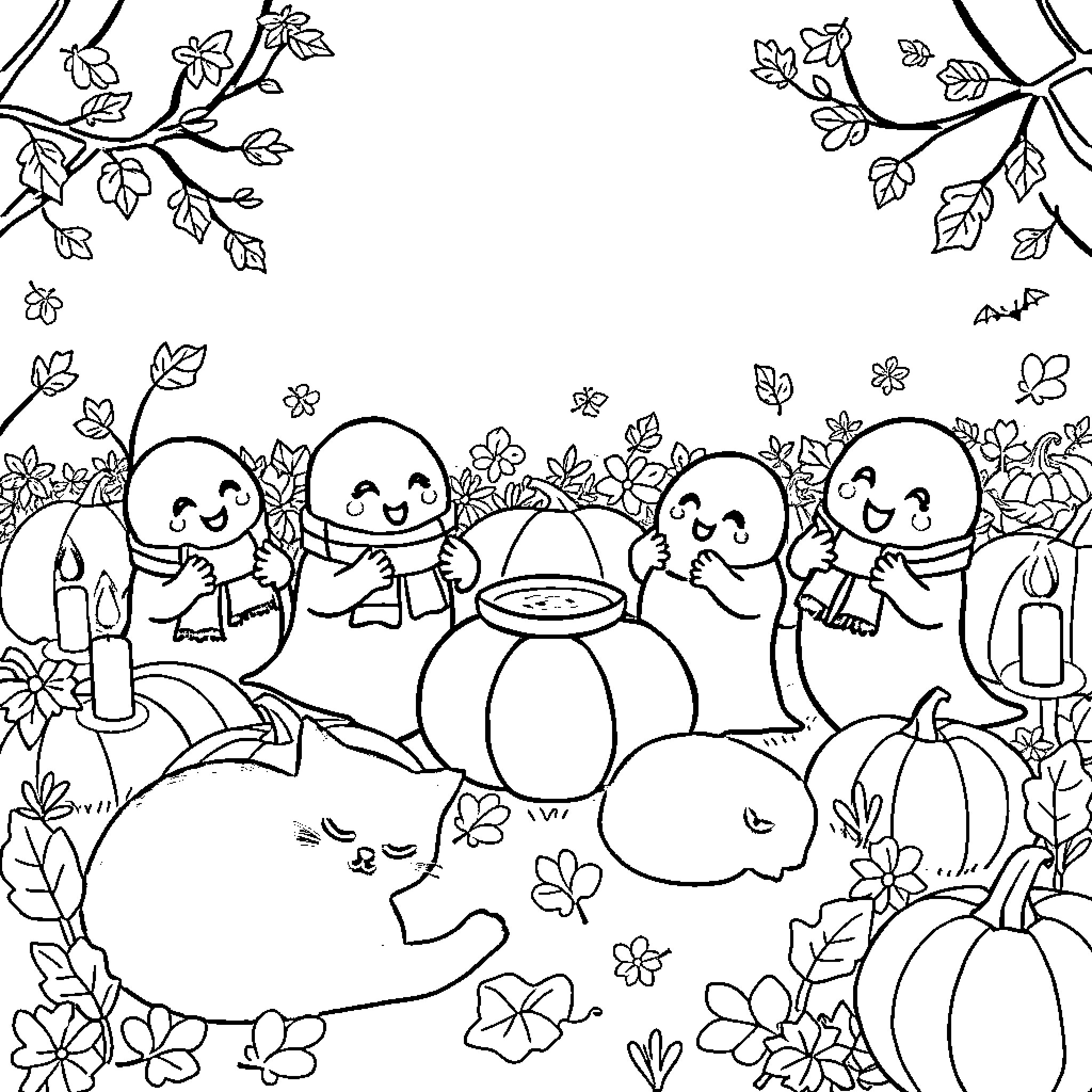 Ghost characters in a whimsical autumn scene Coloring Page (free black-and-white line drawing printable PDF for all, from beginners to advanced learners, including children, teens, adults, and seniors)