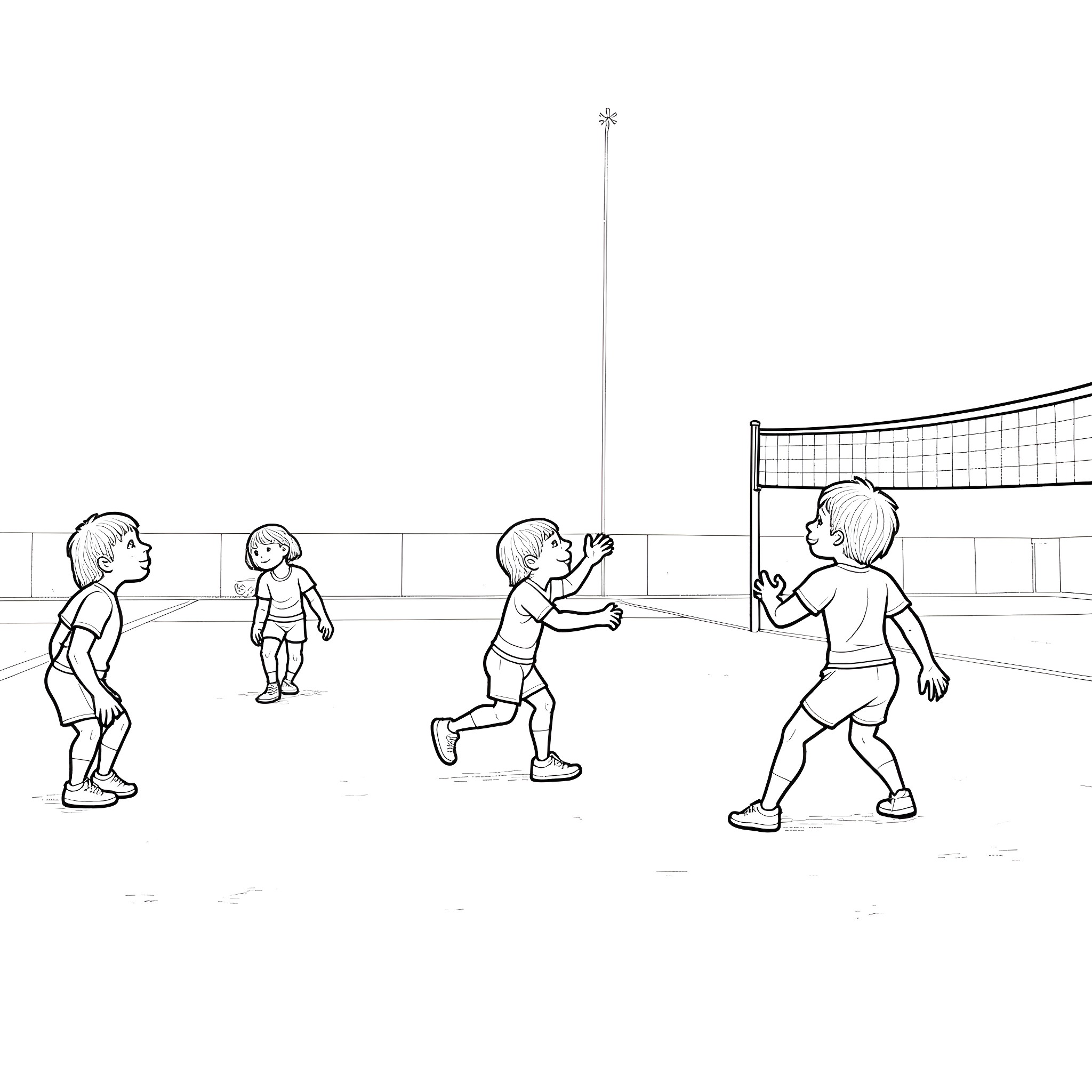 Midget friends playing volleyball on the beach Coloring Page (free black-and-white line drawing printable PDF for all, from beginners to advanced learners, including children, teens, adults, and seniors)