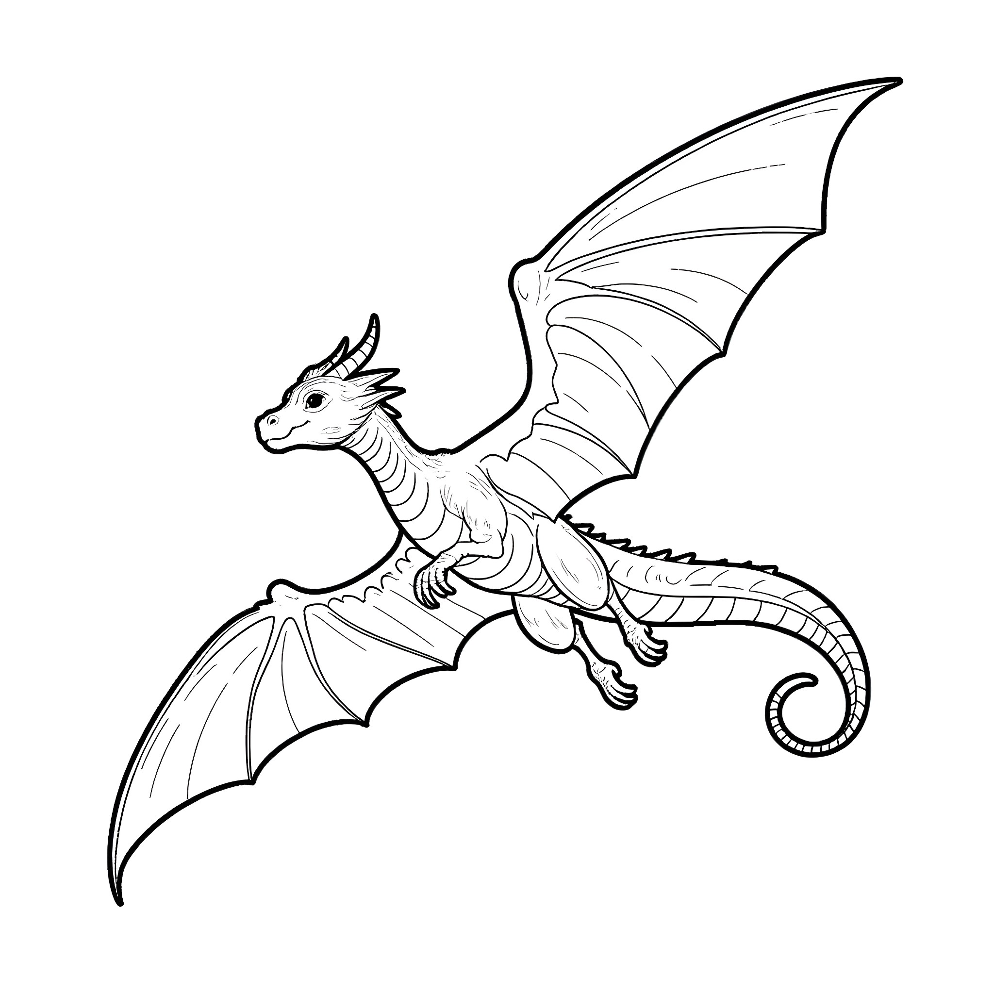 Dragon soaring gracefully through the sky Coloring Page (free black-and-white line drawing printable PDF for all, from beginners to advanced learners, including children, teens, adults, and seniors)