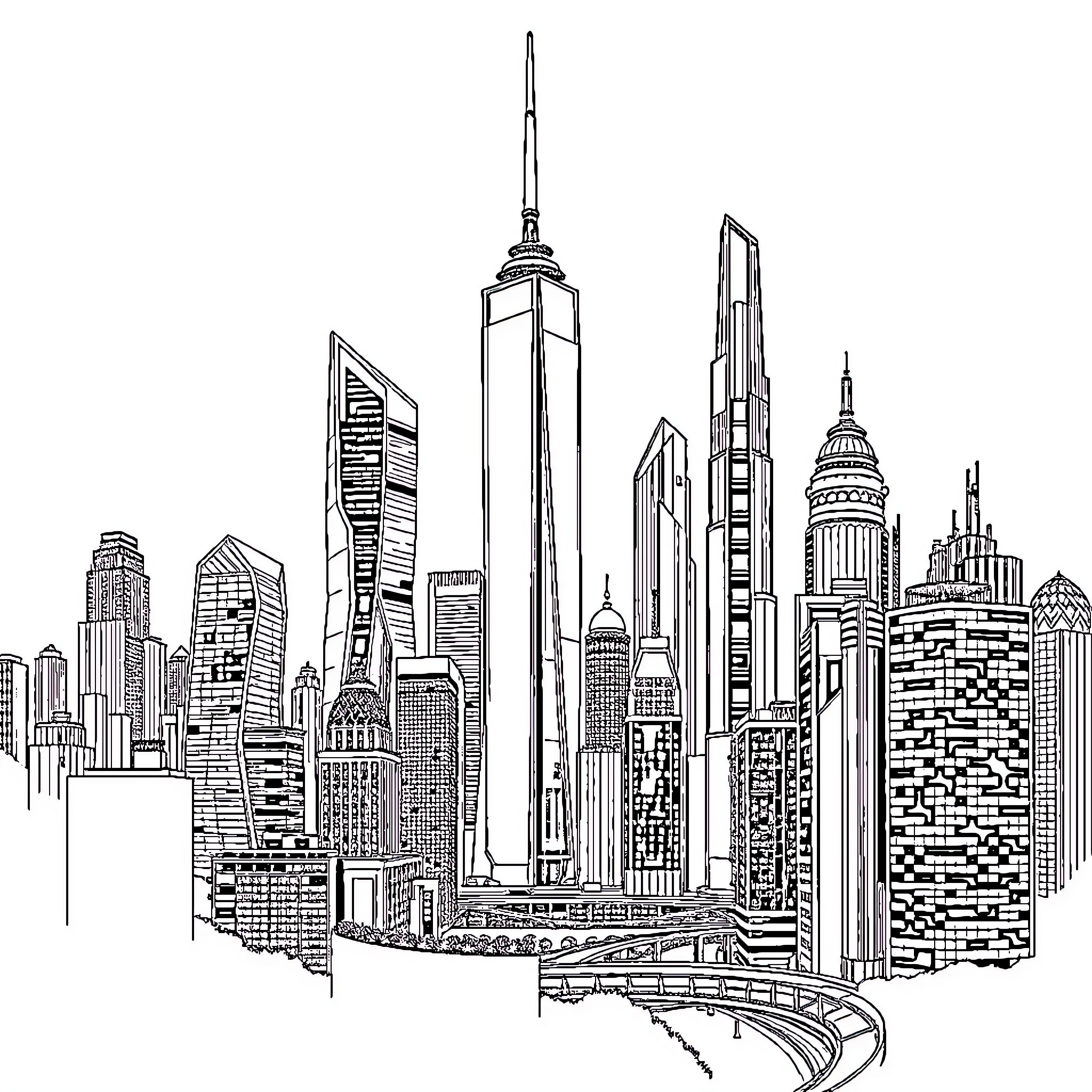 City skyline with modern skyscrapers and landmarks Coloring Page (free black-and-white line drawing printable PDF for all, from beginners to advanced learners, including children, teens, adults, and seniors)