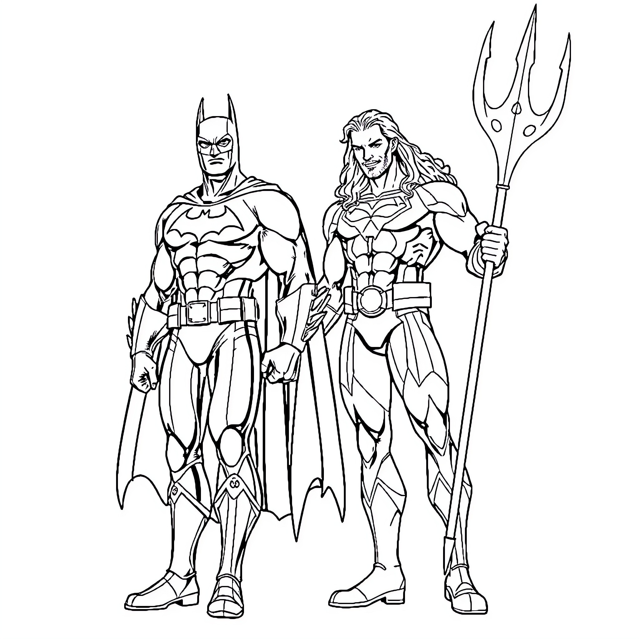 Batman and Aquaman heroic duo in action Coloring Page (free black-and-white line drawing printable PDF for all, from beginners to advanced learners, including children, teens, adults, and seniors)
