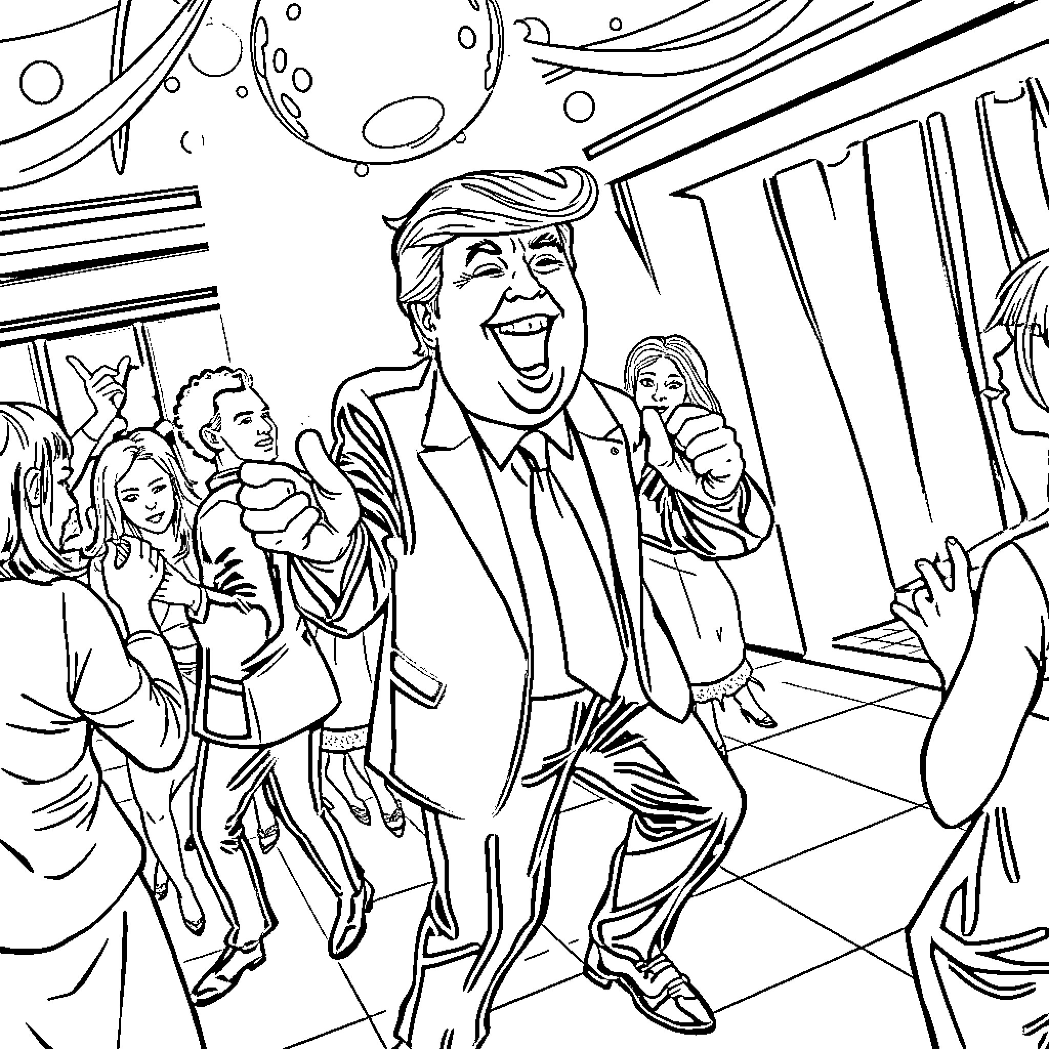 Trump gesturing excitedly at a crowded event Coloring Page (free black-and-white line drawing printable PDF for all, from beginners to advanced learners, including children, teens, adults, and seniors)