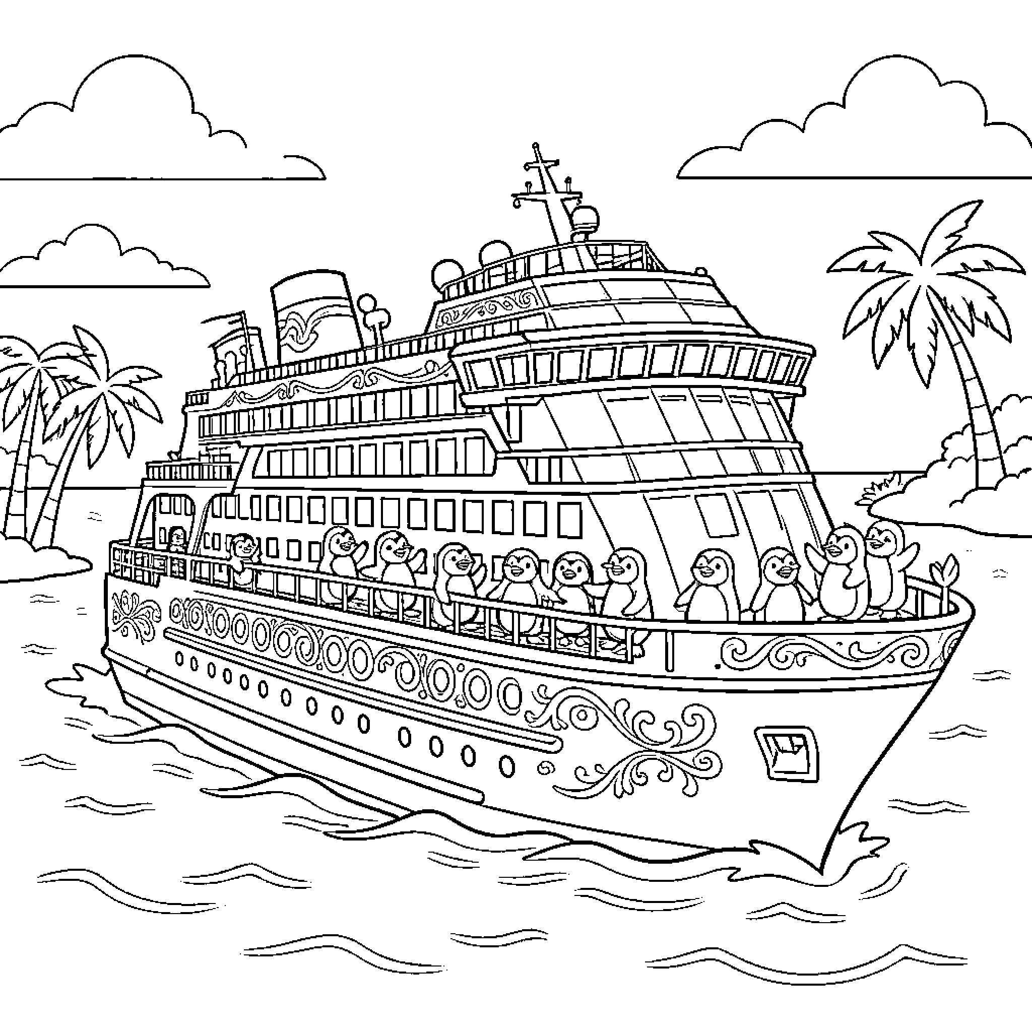 Penguin cruise ship sailing on the ocean Coloring Page (free black-and-white line drawing printable PDF for all, from beginners to advanced learners, including children, teens, adults, and seniors)