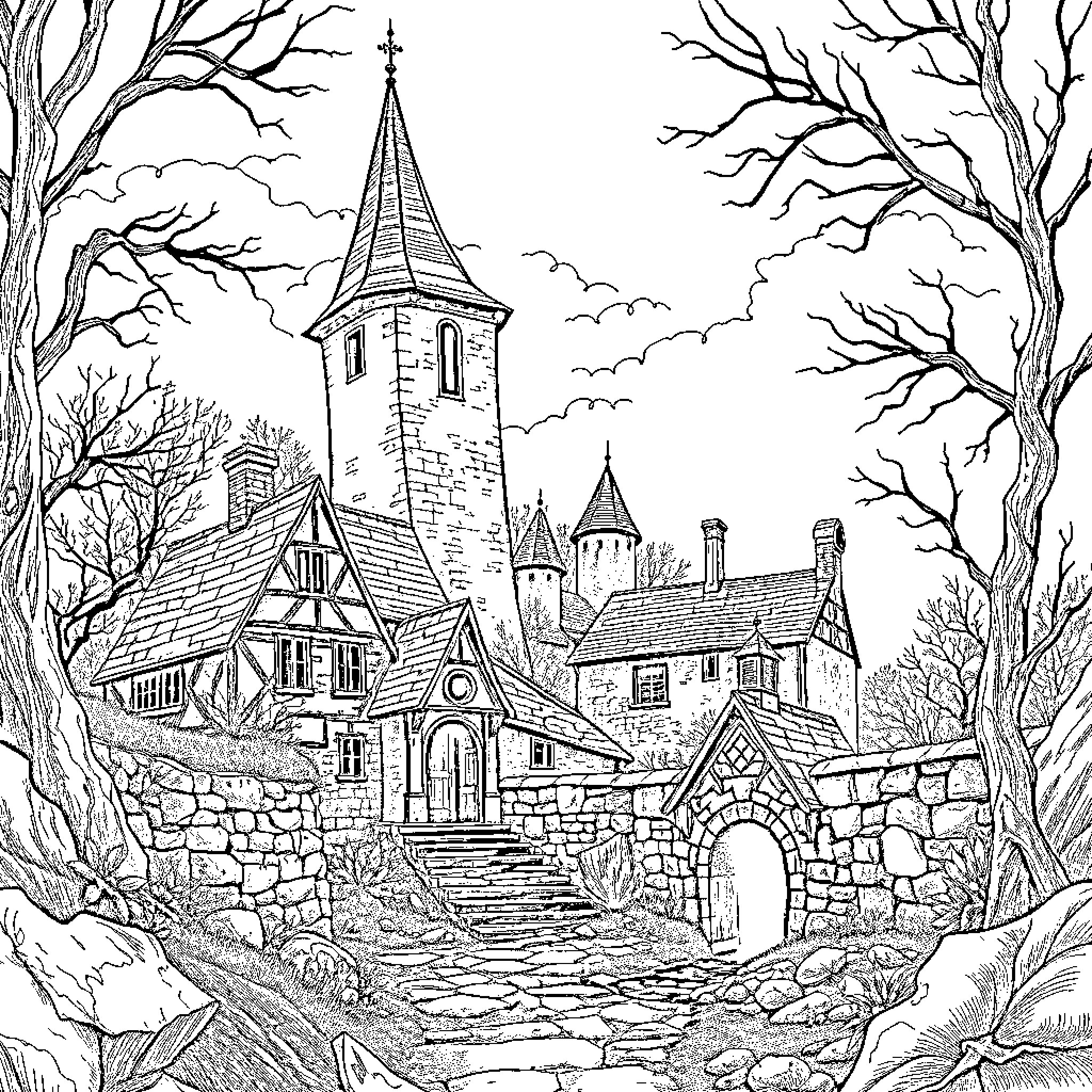 Huntrix: Enchanting Medieval Village in the Mist Coloring Page (free black-and-white line drawing printable PDF for all, from beginners to advanced learners, including children, teens, adults, and seniors)
