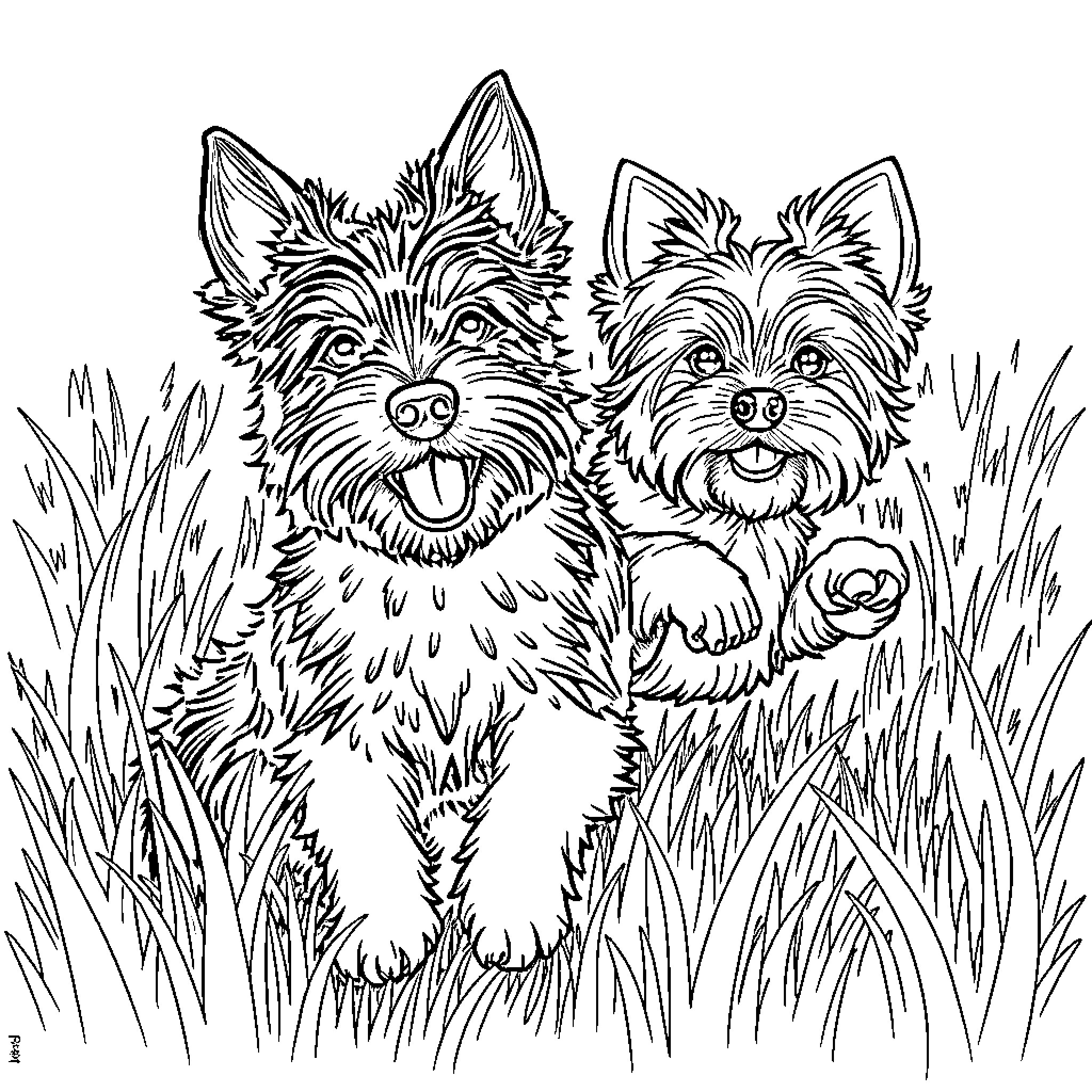 Terrier friends playing in the tall grass Coloring Page (free black-and-white line drawing printable PDF for all, from beginners to advanced learners, including children, teens, adults, and seniors)