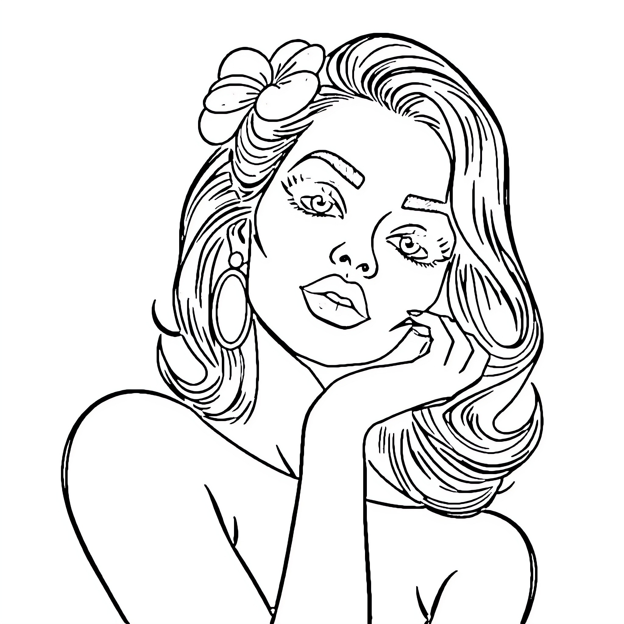Pin Up Girl with Floral Headpiece and Flowing Hair Coloring Page (free black-and-white line drawing printable PDF for all, from beginners to advanced learners, including children, teens, adults, and seniors)