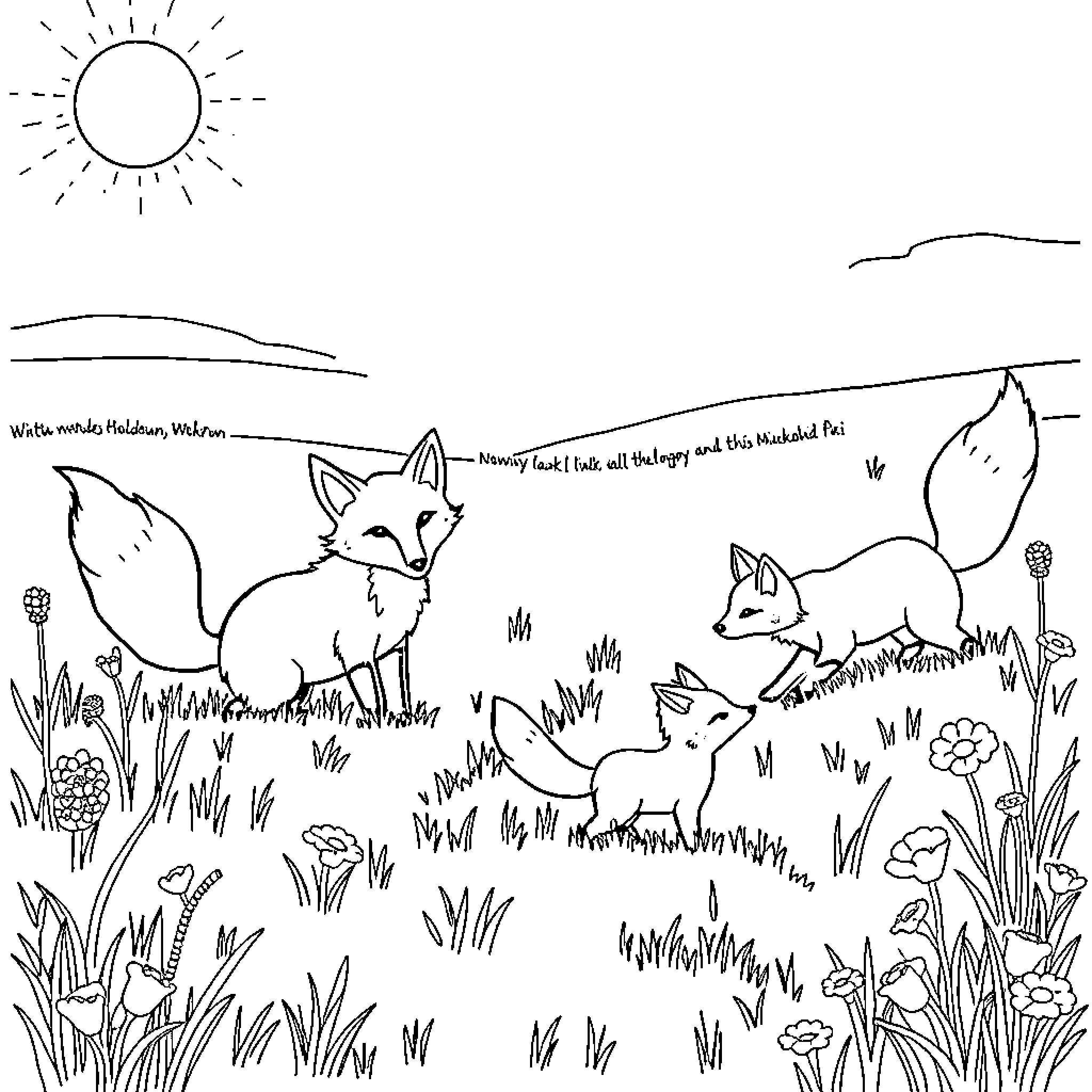 Foxes playing in the meadow Coloring Page (free black-and-white line drawing printable PDF for all, from beginners to advanced learners, including children, teens, adults, and seniors)