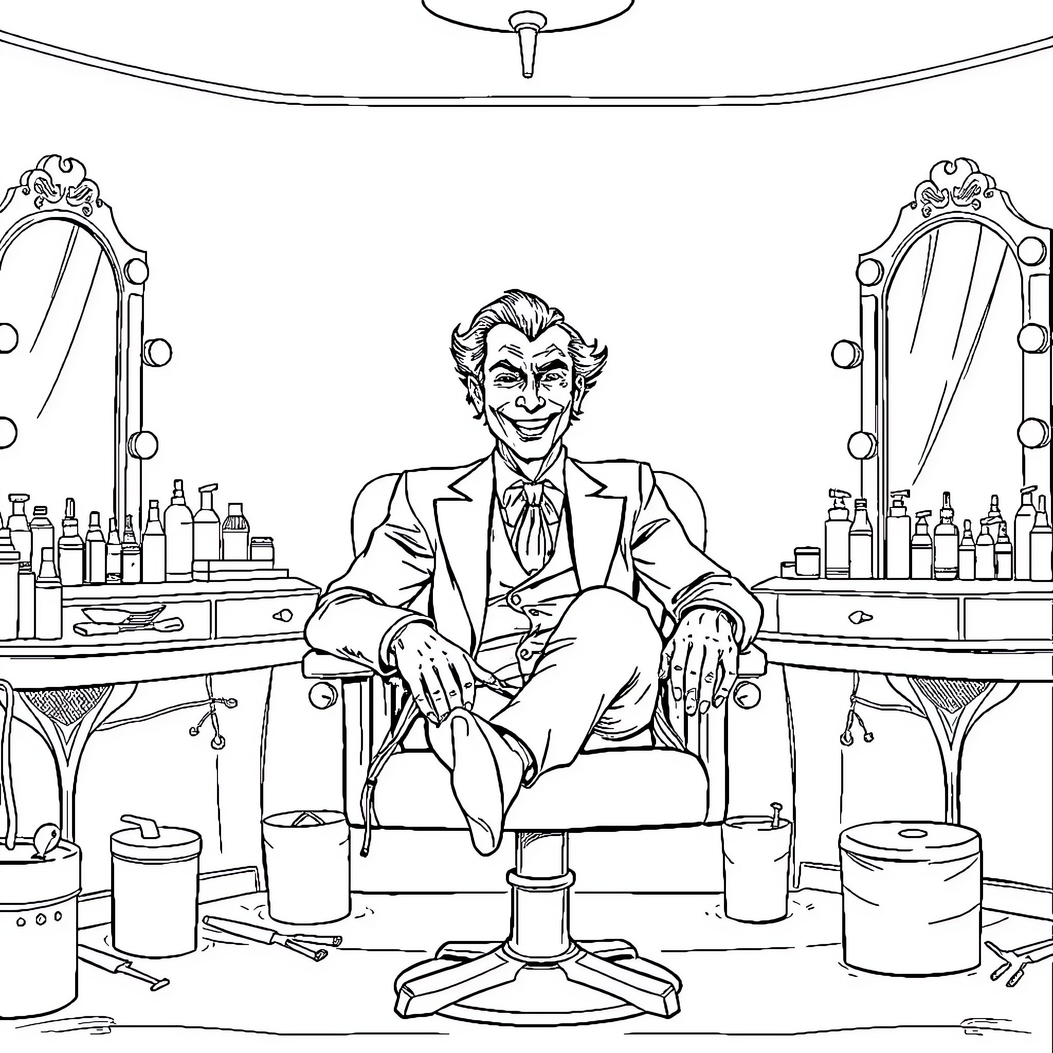 Joker's Mischievous Antics in the Barber's Chair Coloring Page (free black-and-white line drawing printable PDF for all, from beginners to advanced learners, including children, teens, adults, and seniors)