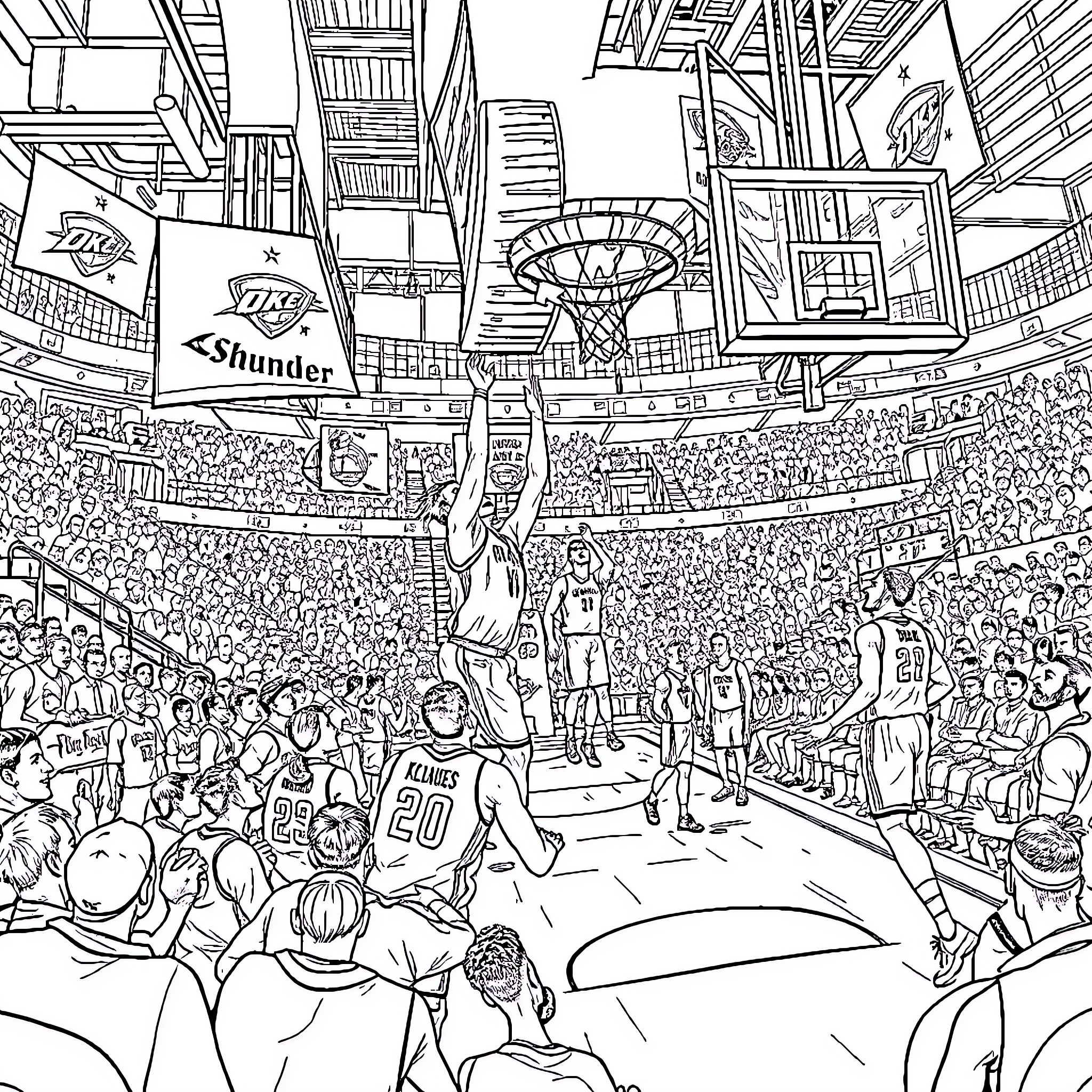 Oklahoma City Thunder Basketball Game Scene Coloring Page (free black-and-white line drawing printable PDF for all, from beginners to advanced learners, including children, teens, adults, and seniors)
