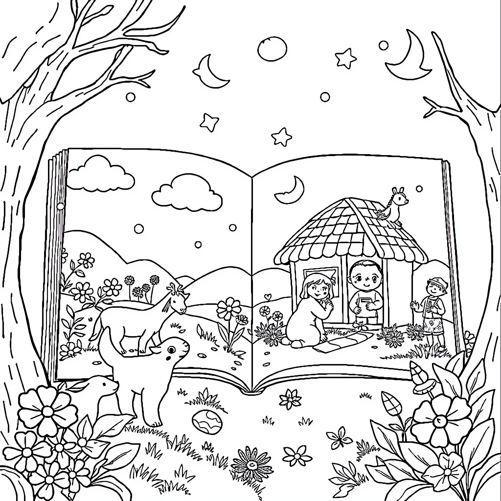Nursery Book with Children's Storybook Scene Coloring Page (free black-and-white line drawing printable PDF for all, from beginners to advanced learners, including children, teens, adults, and seniors)